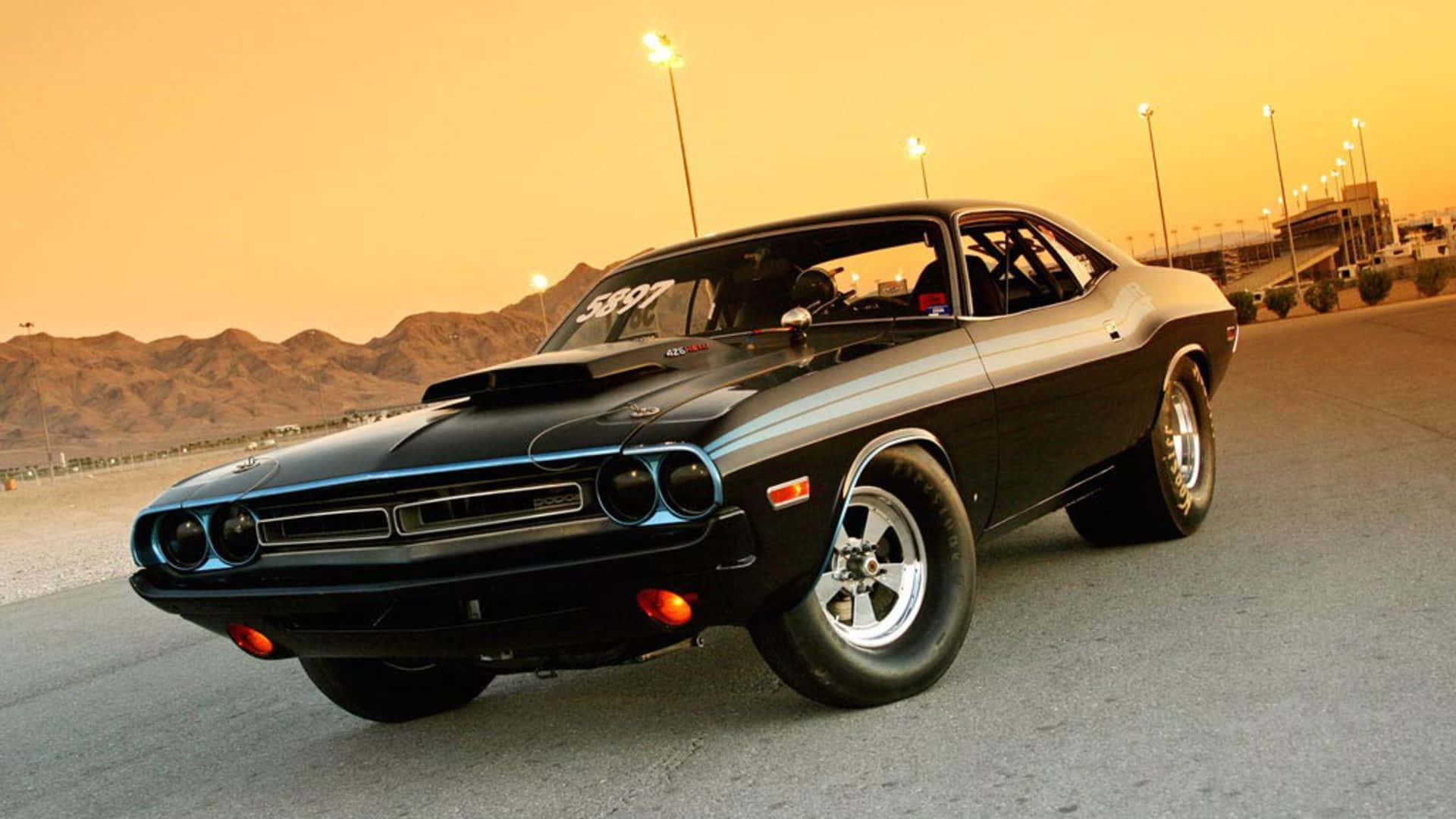 black muscle car, blue trim, racetrack, Full HD Desktop Wallpaper