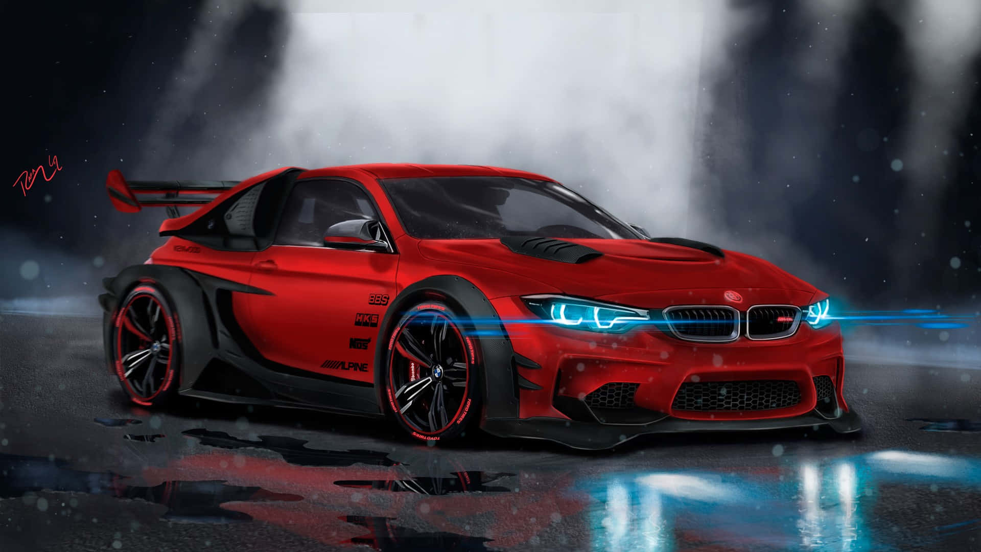 red BMW M4 GTS, glowing blue headlights, rainy night street, Full HD Desktop Wallpaper