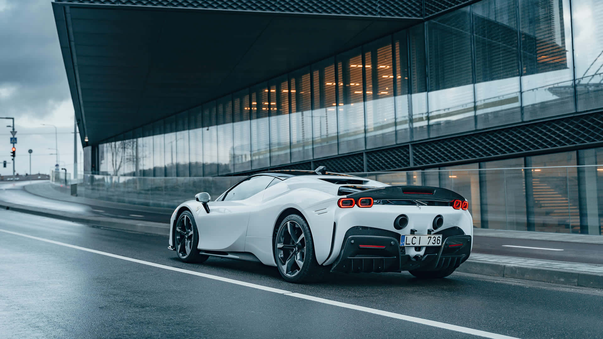 sleek white sports car, glowing red taillights, wet urban road, Full HD Desktop Wallpaper