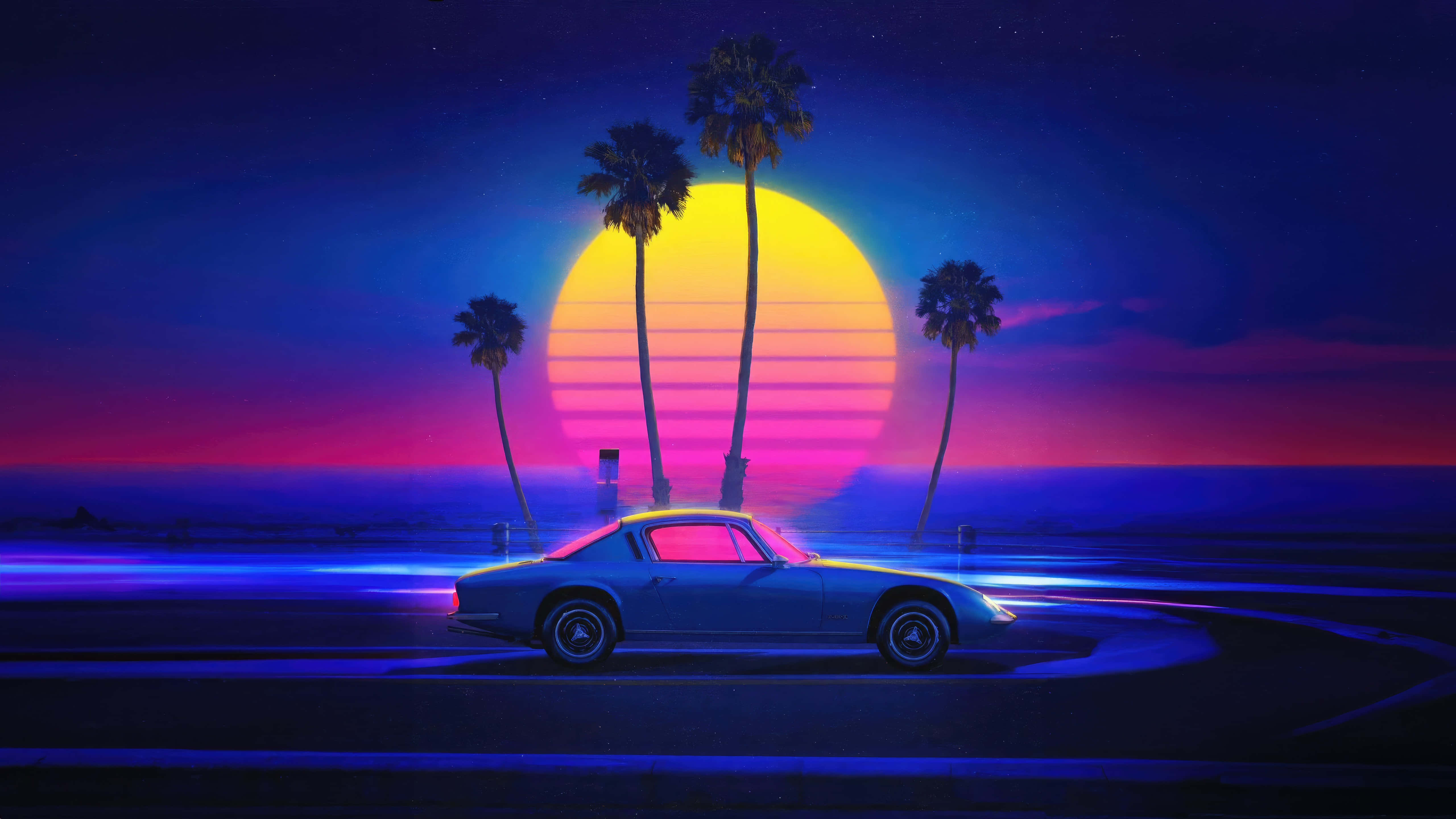 retro sports car, neon sun, palm trees, 5K Desktop Wallpaper