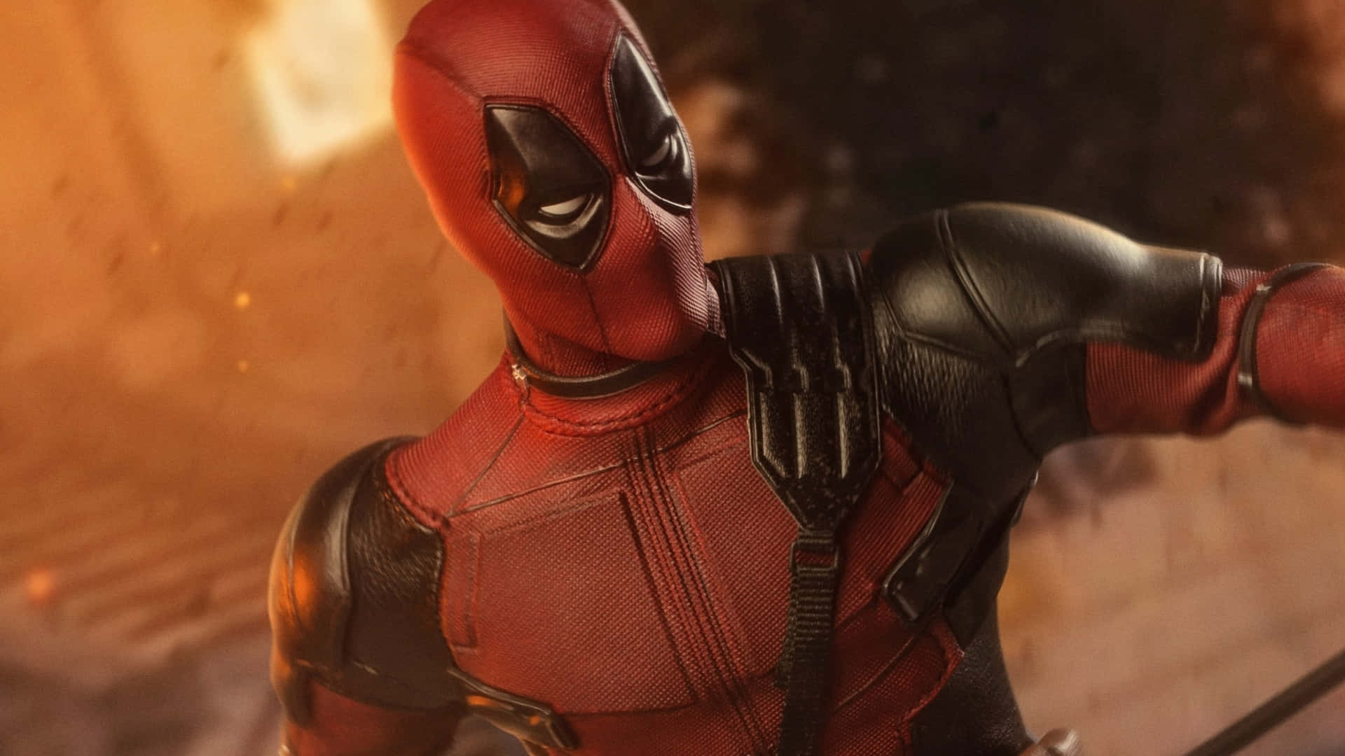 Deadpool, red and black suit, fiery orange explosion, Full HD Desktop Wallpaper