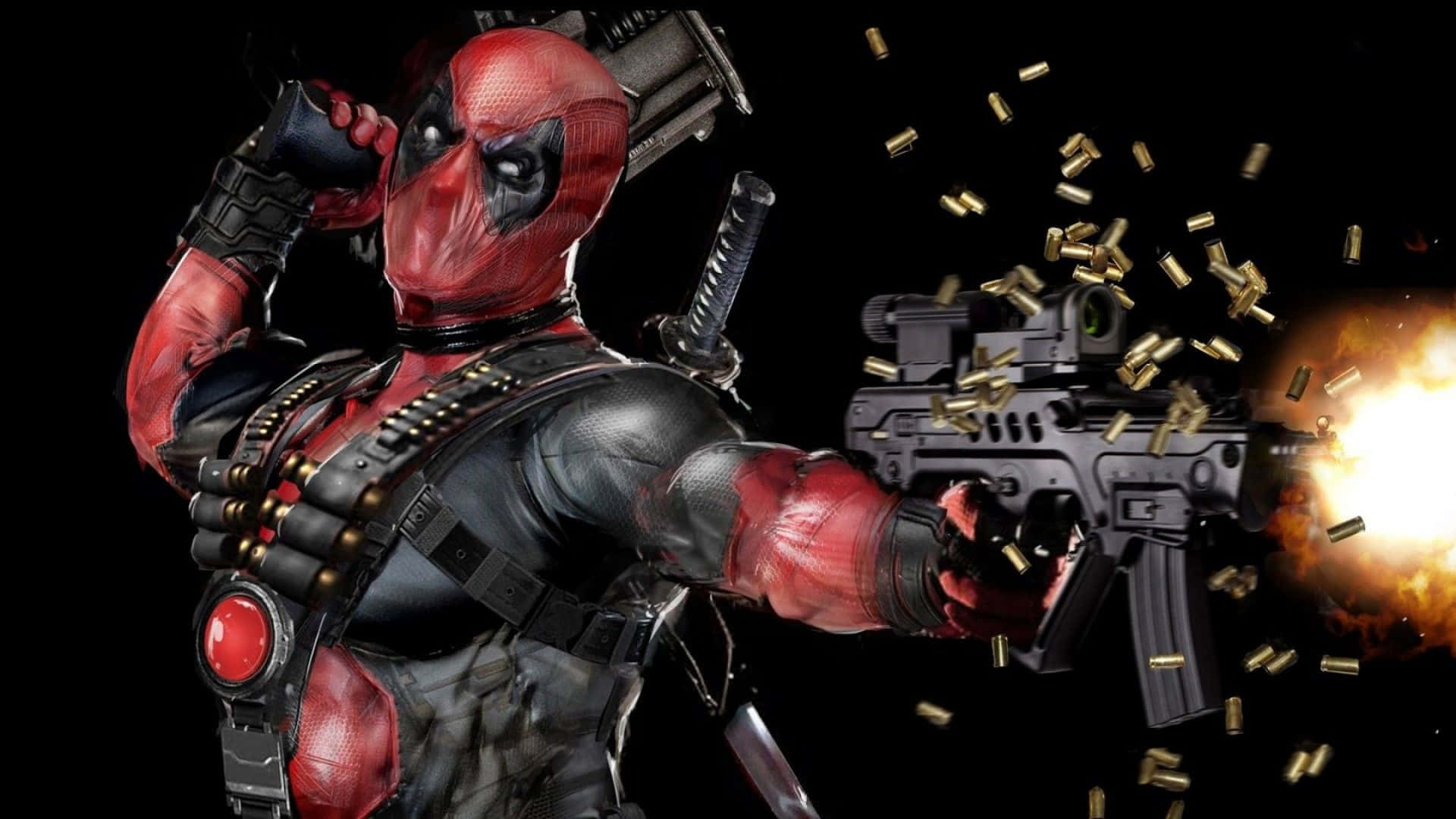 Deadpool, red and black suit, gun, Full HD Desktop Wallpaper