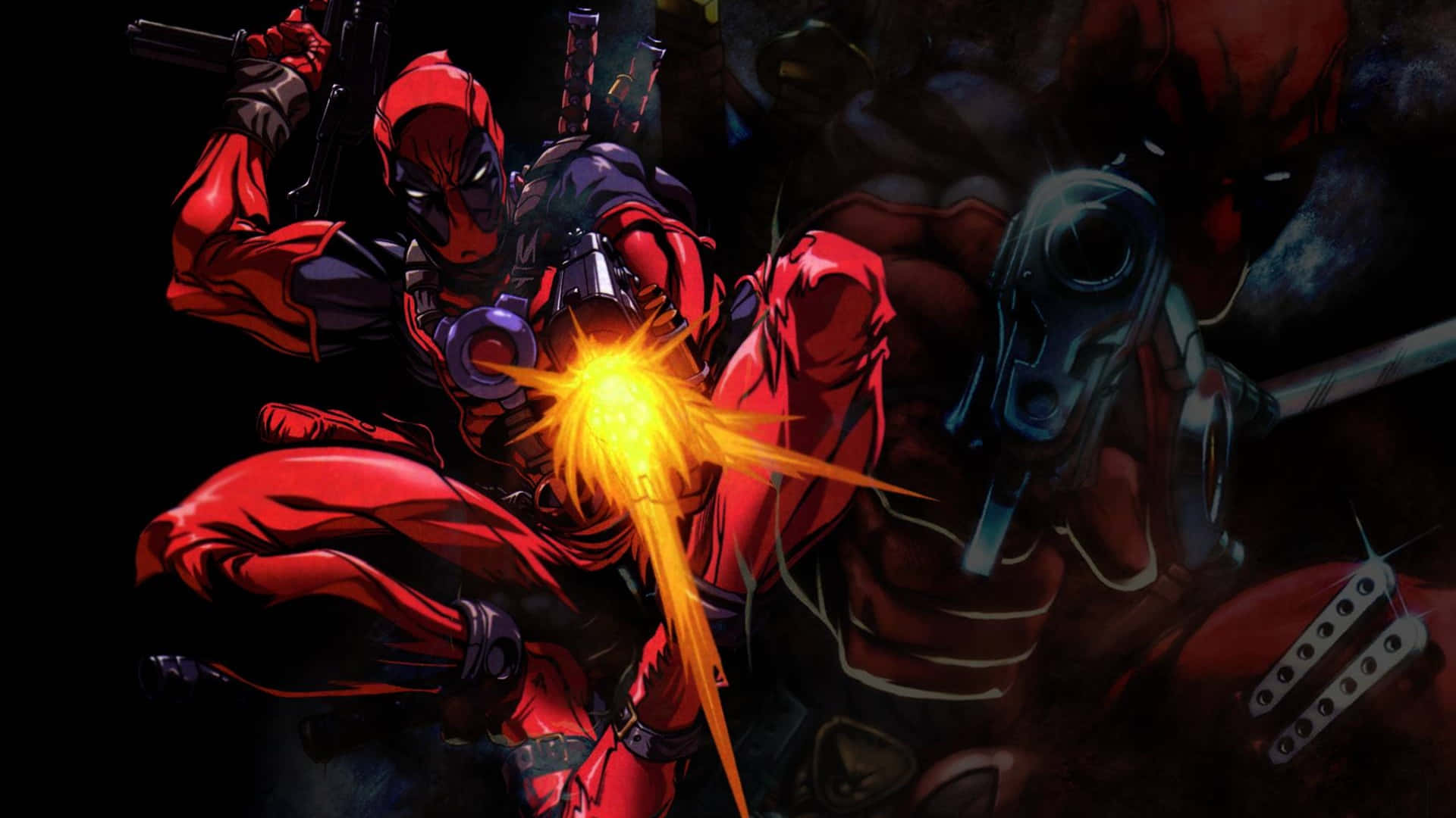 Deadpool, red suit, glowing yellow bullet, Full HD Desktop Wallpaper