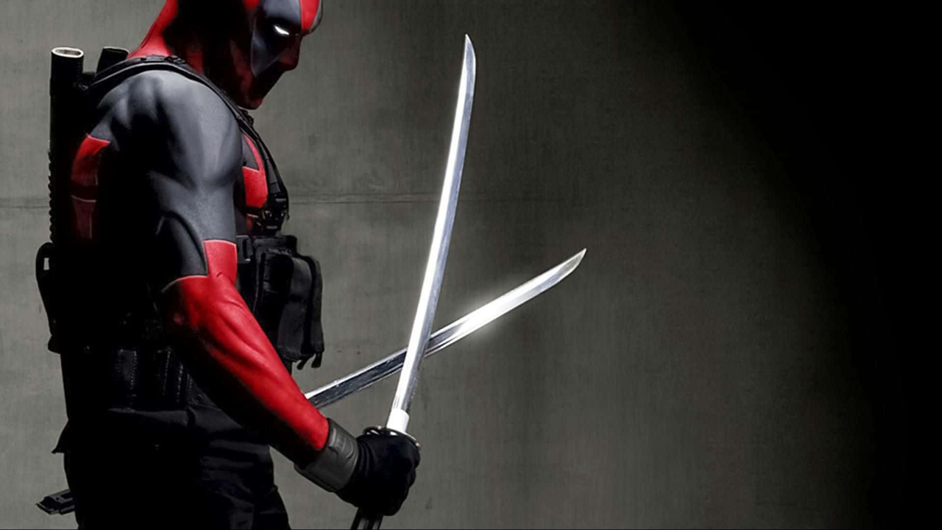 Deadpool, two gleaming swords, dark concrete wall, Full HD Desktop Wallpaper