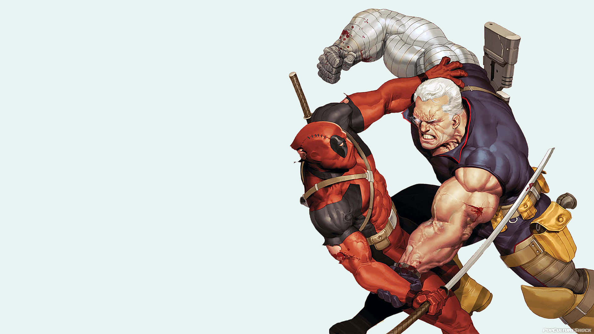 Deadpool, red suit, muscular silver-armored villain, Full HD Desktop Wallpaper