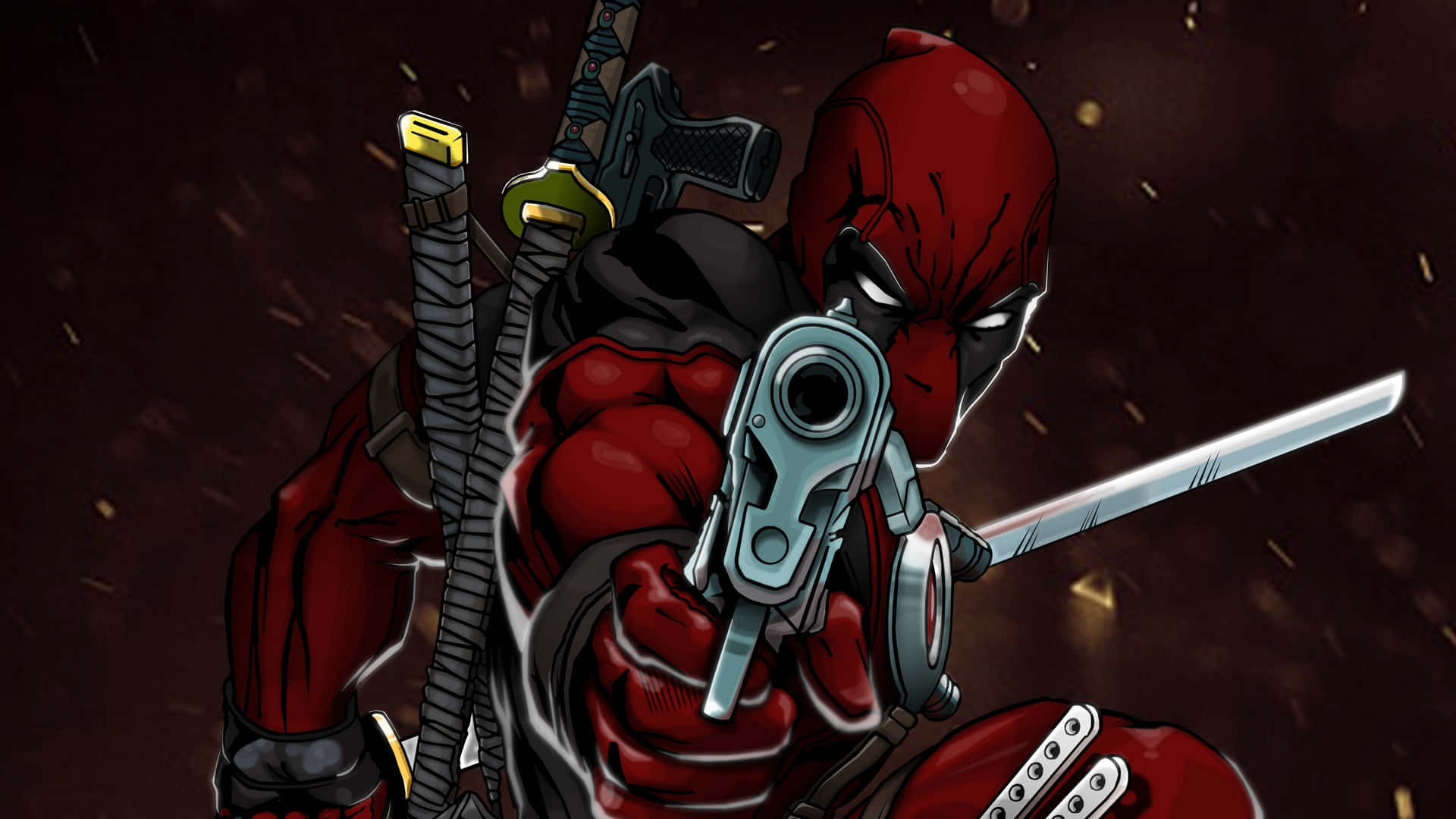 Deadpool, red suit, silver gun, Full HD Desktop Wallpaper