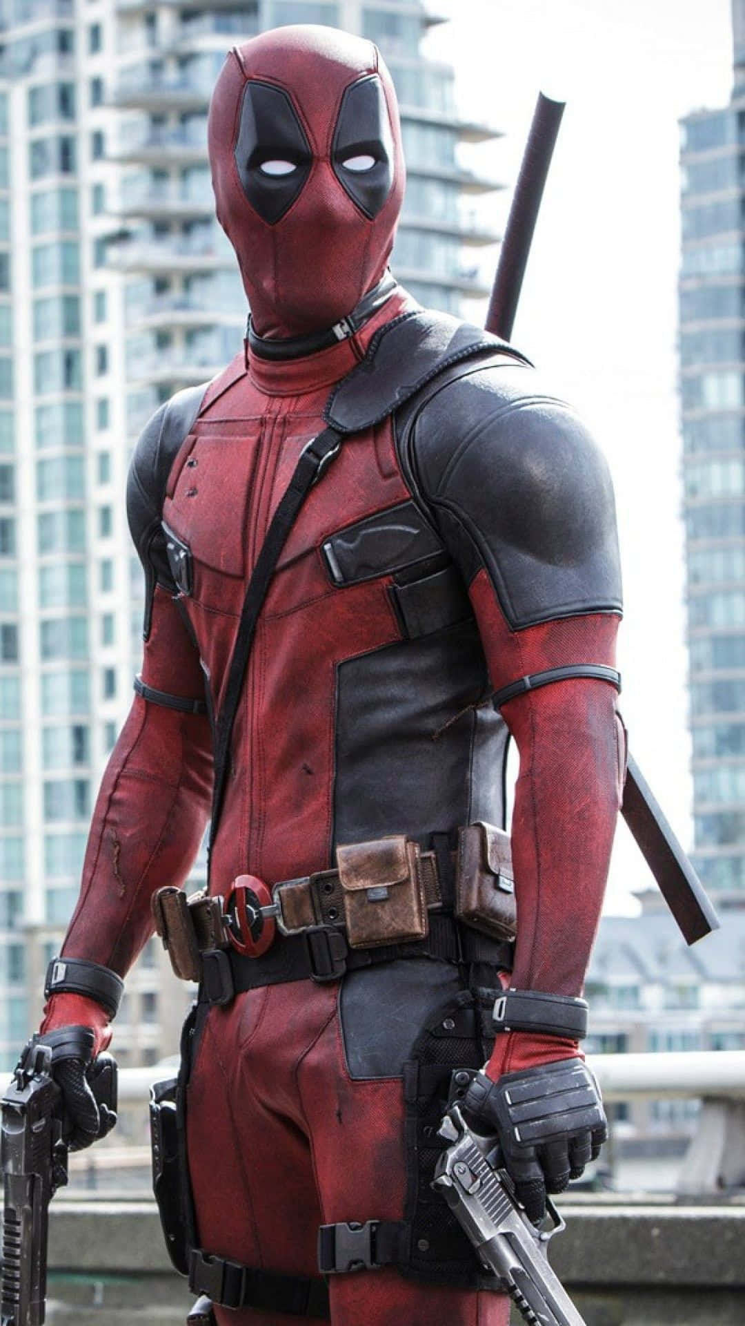 Deadpool, red and black suit, city skyline backdrop, Full HD Phone Wallpaper