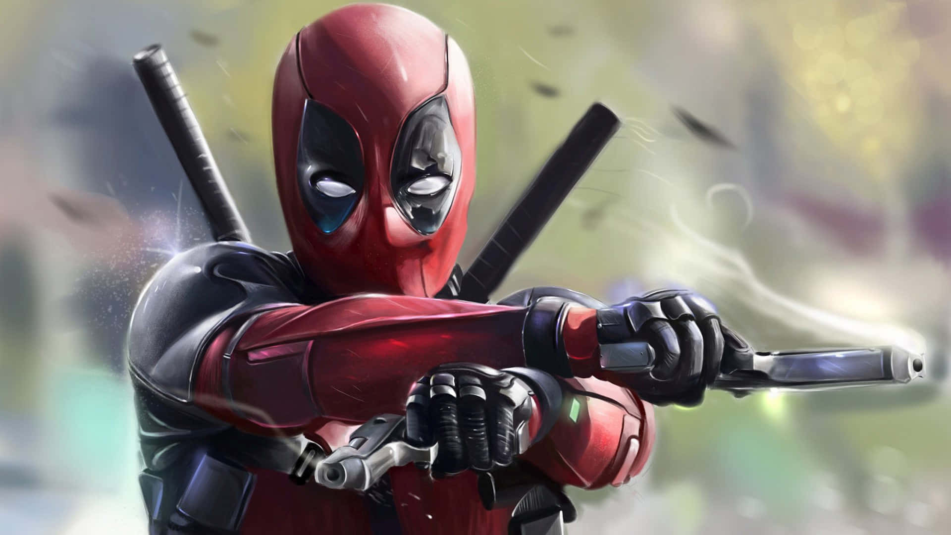Deadpool, red and black suit, gun, Full HD Desktop Wallpaper