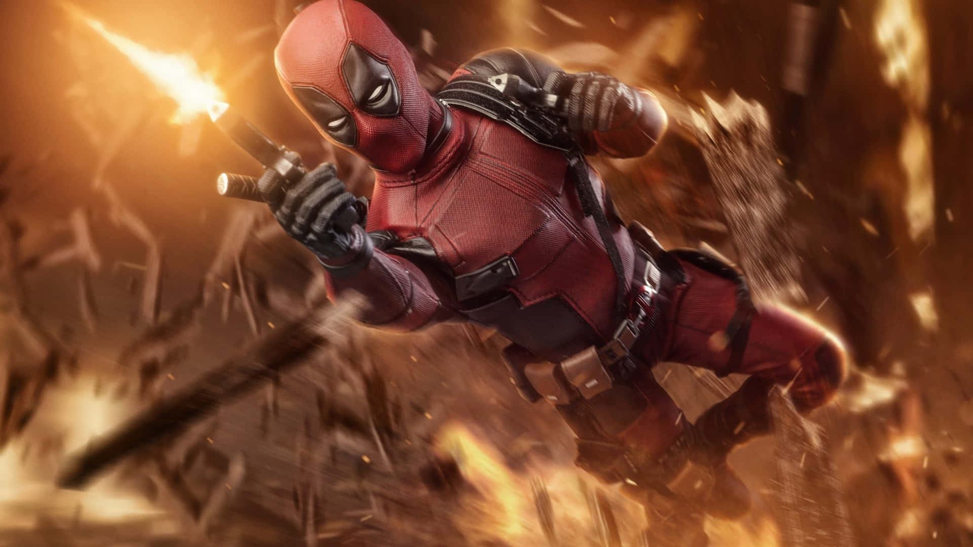 Deadpool, red suit, fiery explosion, Full HD Desktop Wallpaper