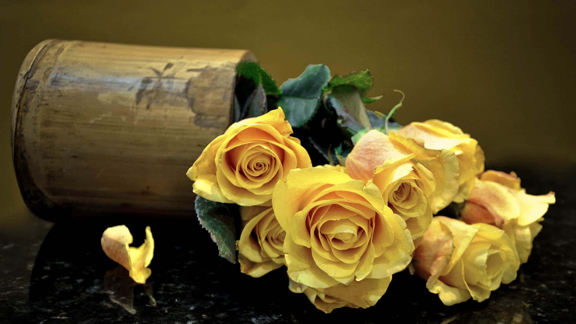 1920 x 1080 flower, yellow rose, rustic bamboo vase, Full HD Desktop Wallpaper