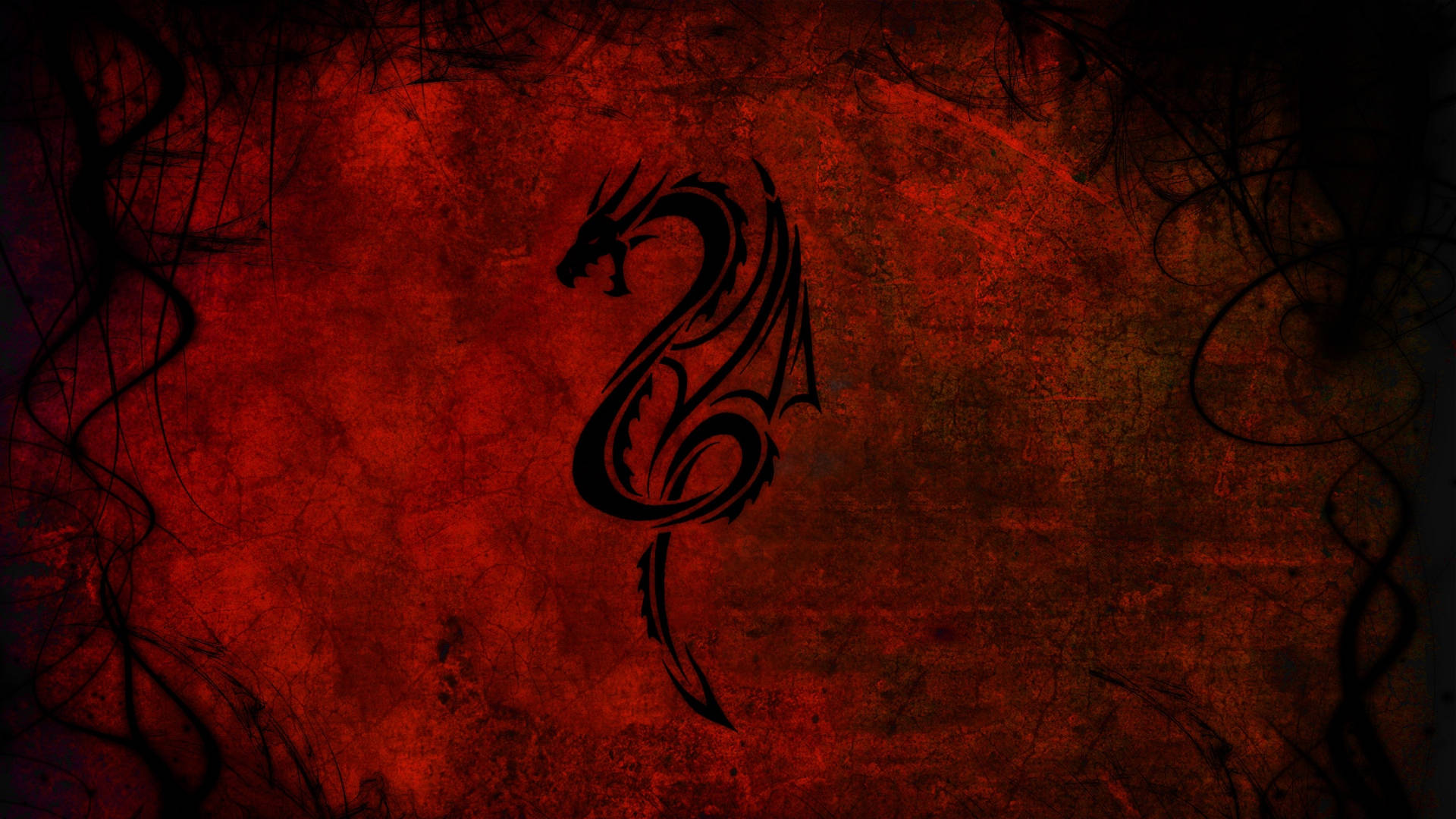1920 x 1080 gaming, black tribal dragon silhouette, textured fiery red background, Full HD Desktop Wallpaper
