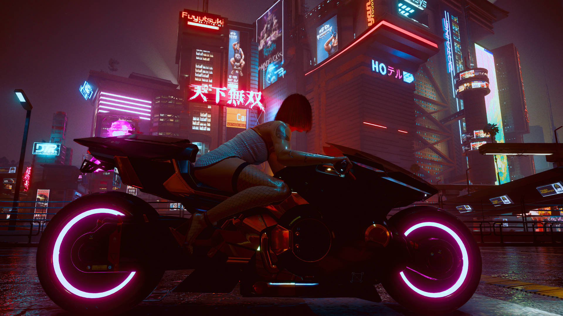 cyberpunk woman, glowing pink motorcycle, neon-lit skyscrapers, Full HD Desktop Wallpaper