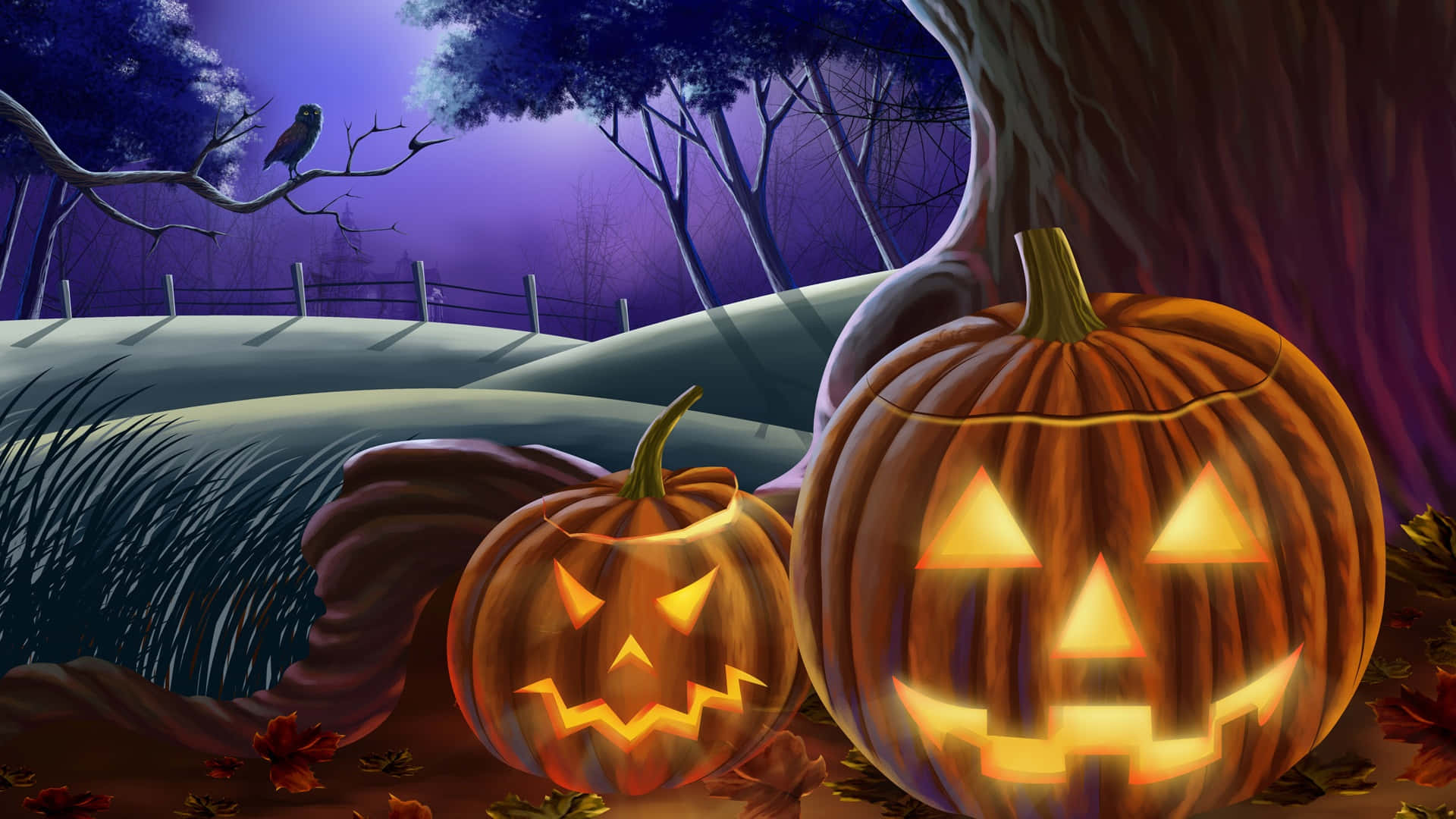 1920 x 1080, jack-o'-lanterns, purple twilight sky, Full HD Desktop Wallpaper