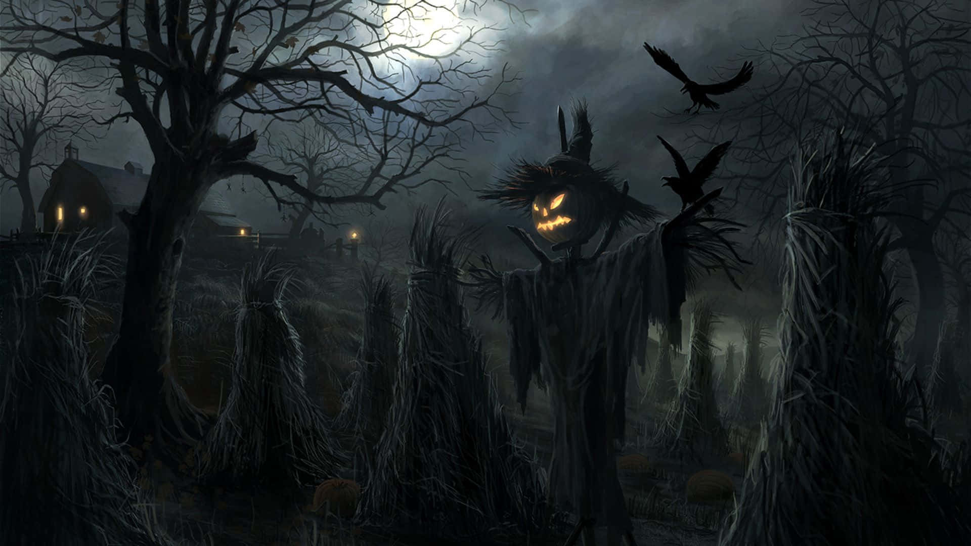1920 x 1080 Halloween, scarecrow, glowing jack-o-lantern head, Full HD Desktop Wallpaper
