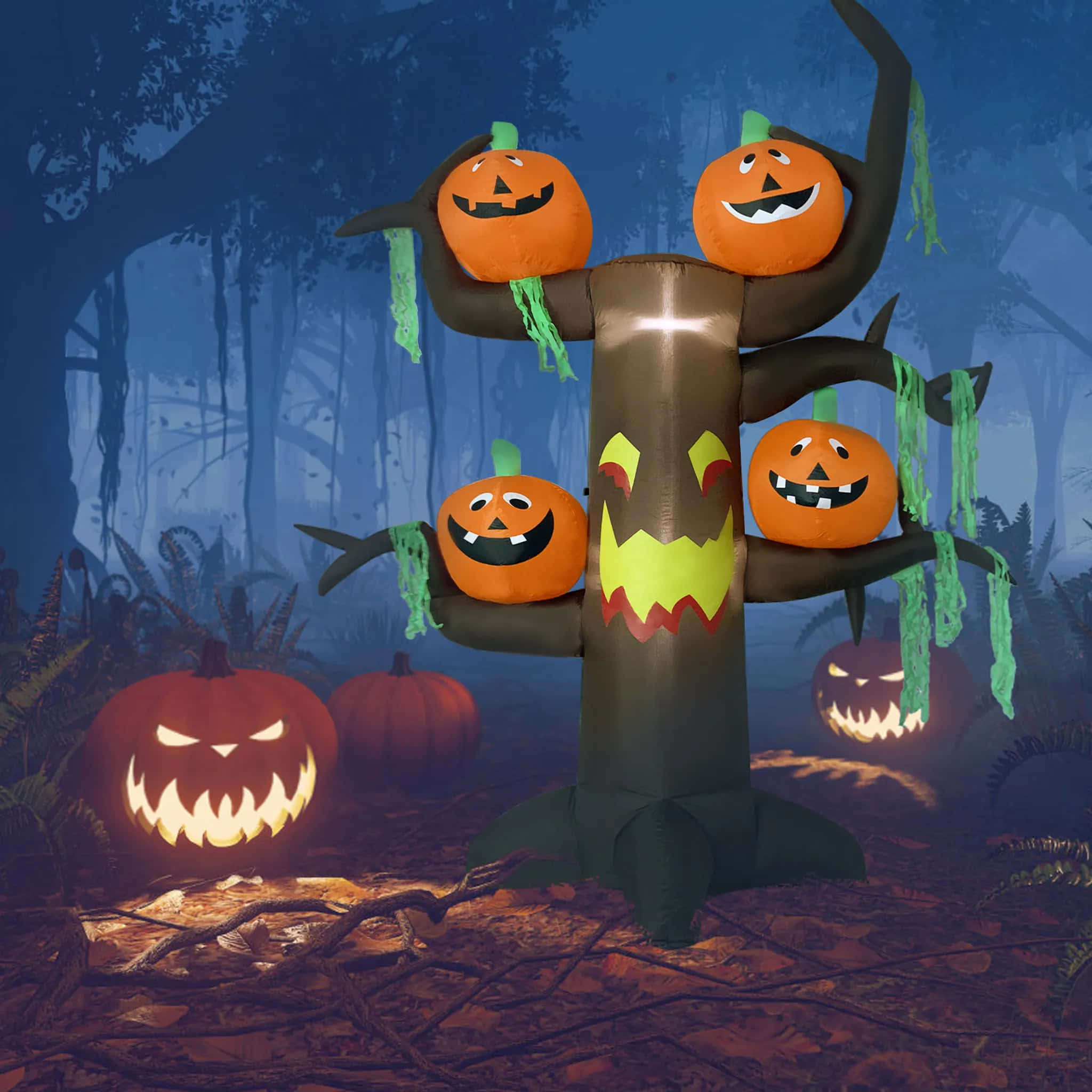 glowing inflatable jack-o-lantern tree, smiling pumpkins, misty Halloween forest, Full HD Desktop Wallpaper