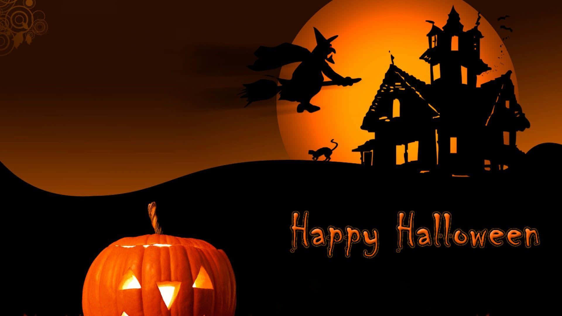 jack-o'-lantern, haunted house, witch, Full HD Desktop Wallpaper