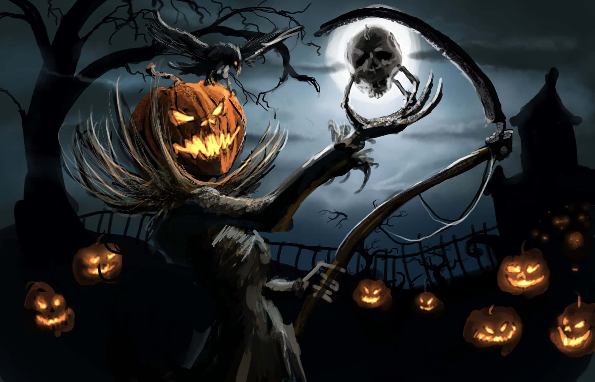 grim reaper, jack-o-lantern head, glowing eyes, Full HD Desktop Wallpaper