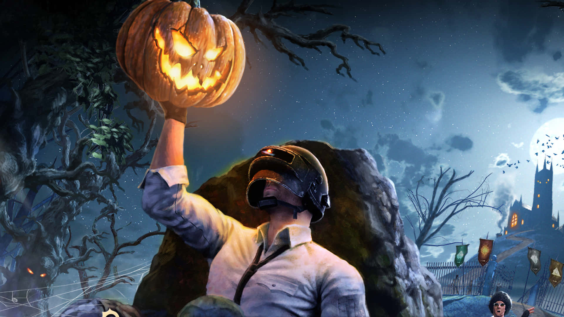 1920 x 1080 halloween, soldier in helmet, glowing jack-o'-lantern, Full HD Desktop Wallpaper