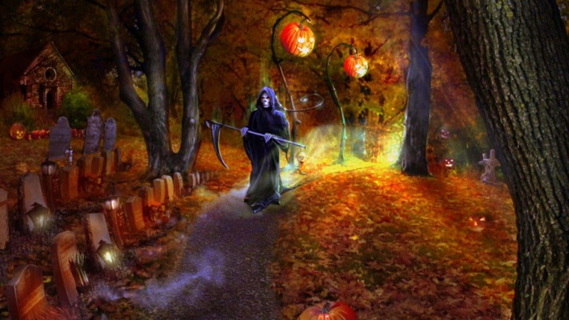 grim reaper, glowing autumn cemetery, jack-o-lantern lights, Full HD Desktop Wallpaper