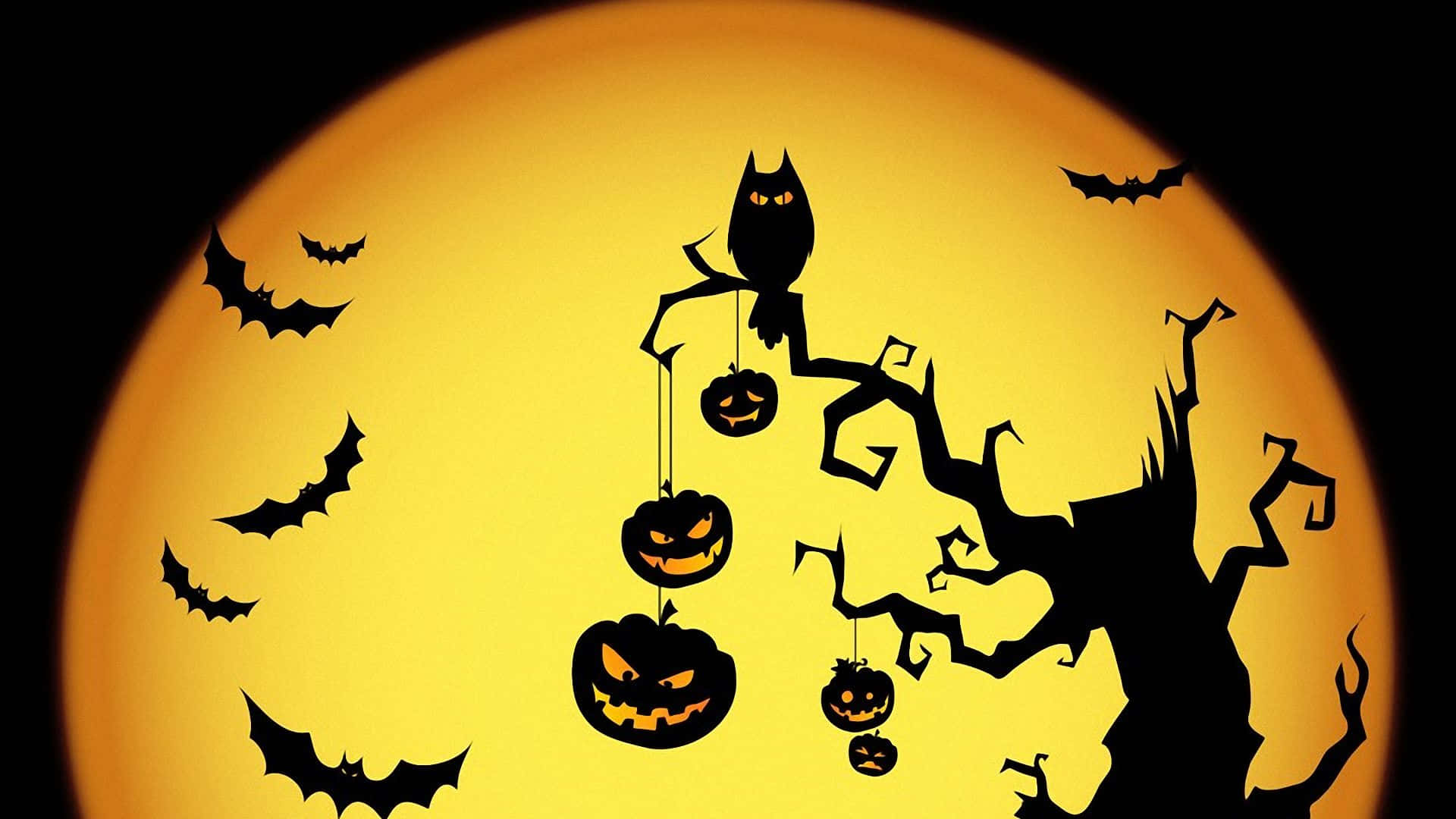 jack-o-lanterns, gnarled tree, glowing orange full moon, Full HD Desktop Wallpaper