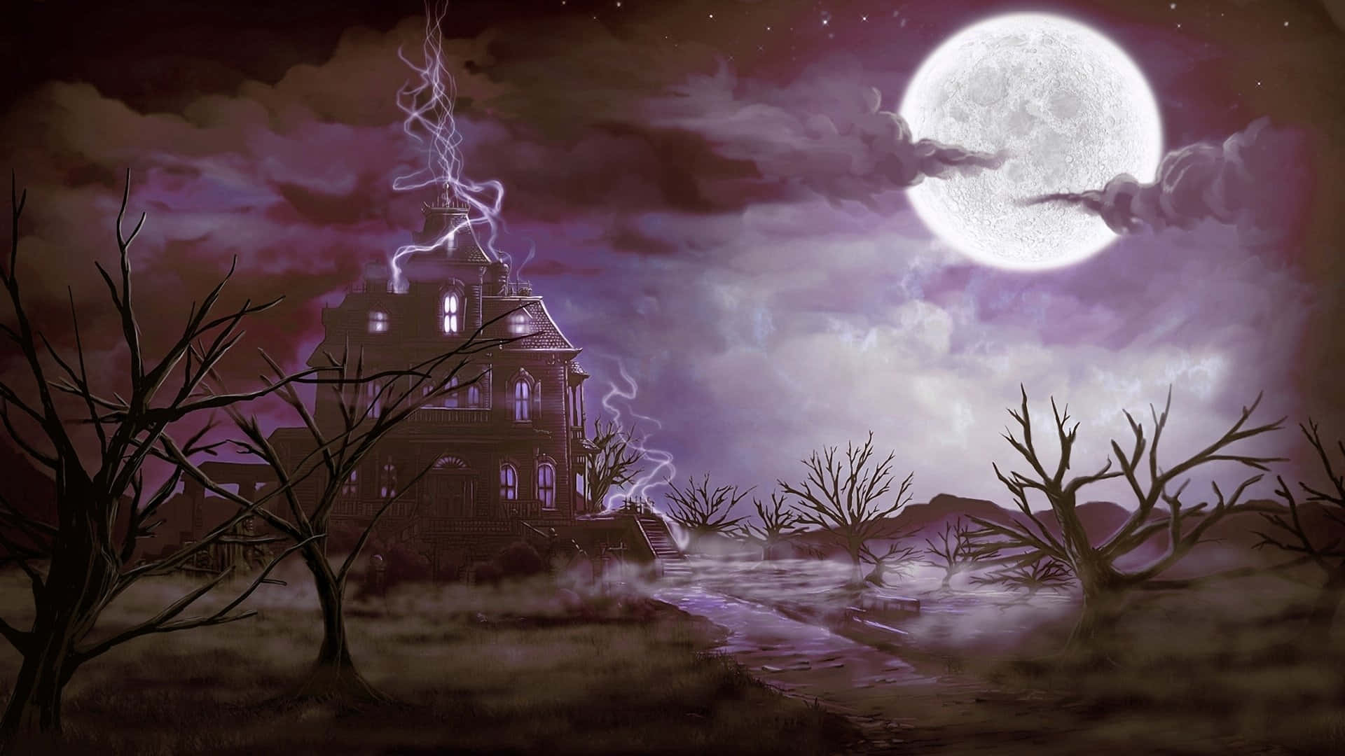 haunted house, full moon, lightning, Full HD Desktop Wallpaper
