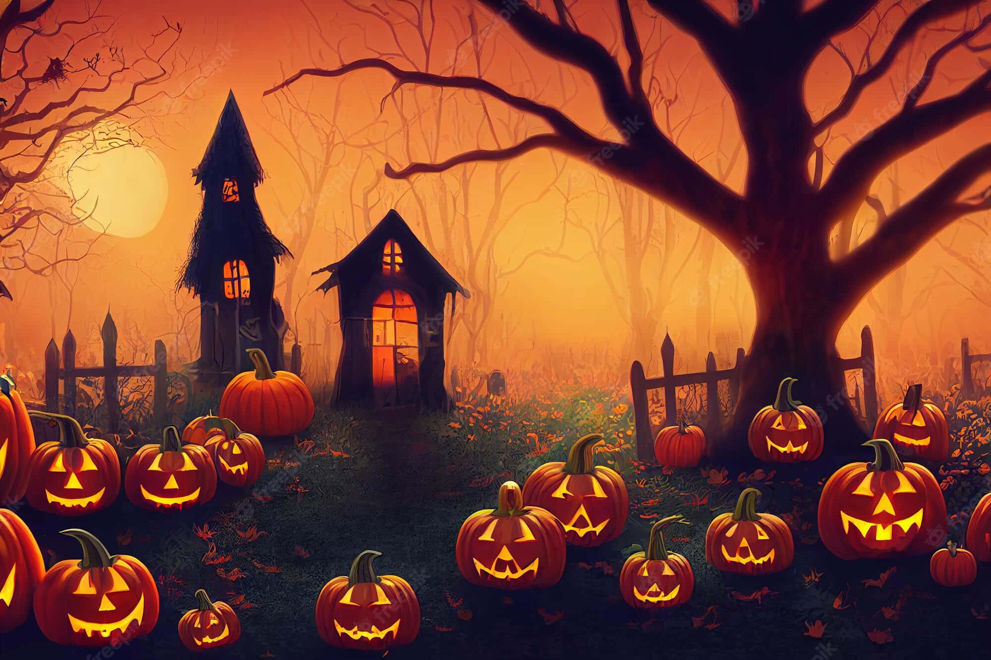 1920 x 1080 halloween, glowing jack-o'-lanterns, haunted houses, Full HD Desktop Wallpaper