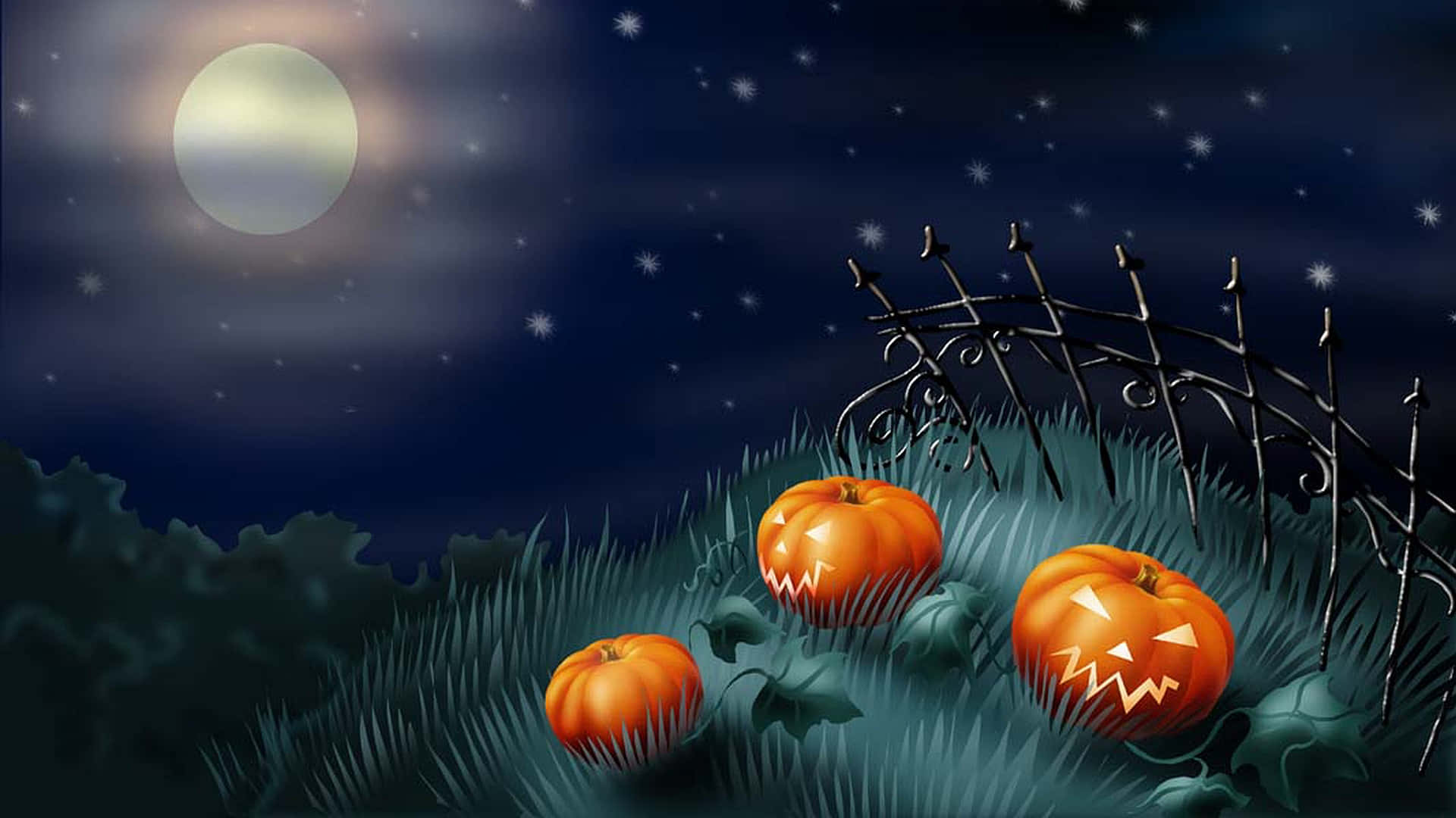 jack-o-lanterns, graveyard, moonlit, Full HD Desktop Wallpaper