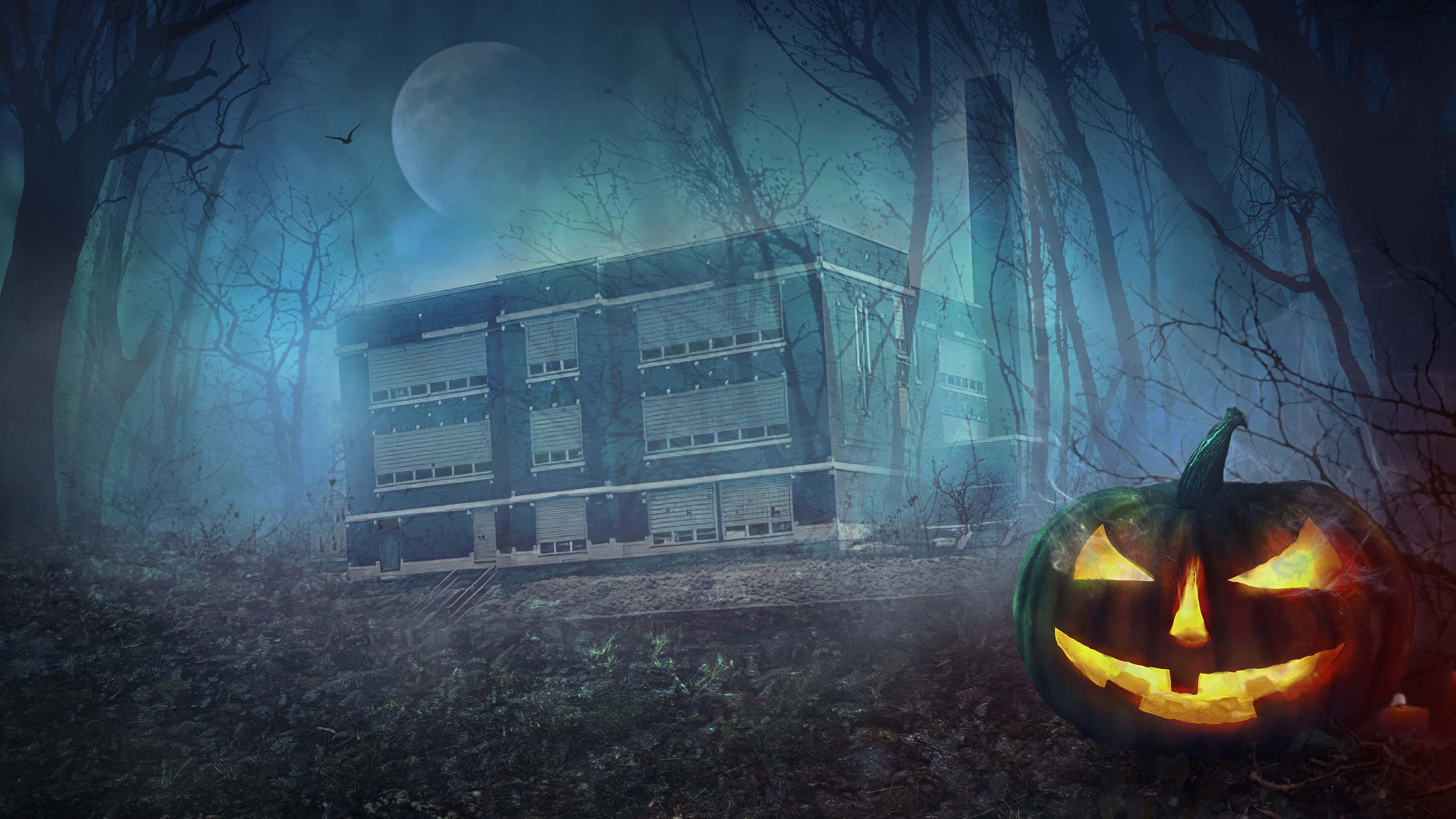 1920 x 1080 Halloween, jack-o'-lantern, misty forest path, 2K Desktop Wallpaper