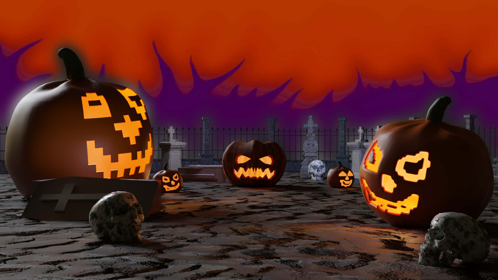 1920 x 1080 halloween, glowing pixelated jack-o-lanterns, spooky graveyard, Full HD Desktop Wallpaper