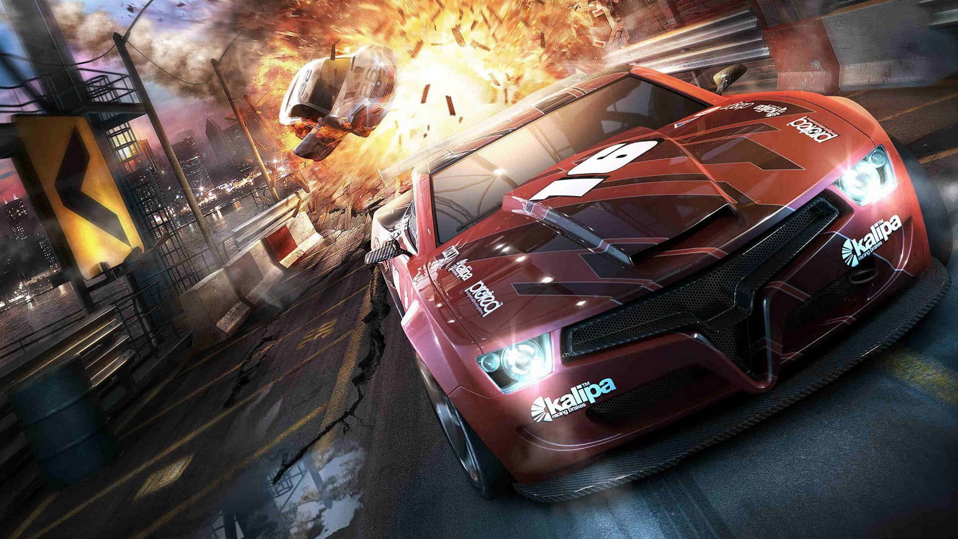 1920 X 1080 HD, red race car, city street, Full HD Desktop Wallpaper