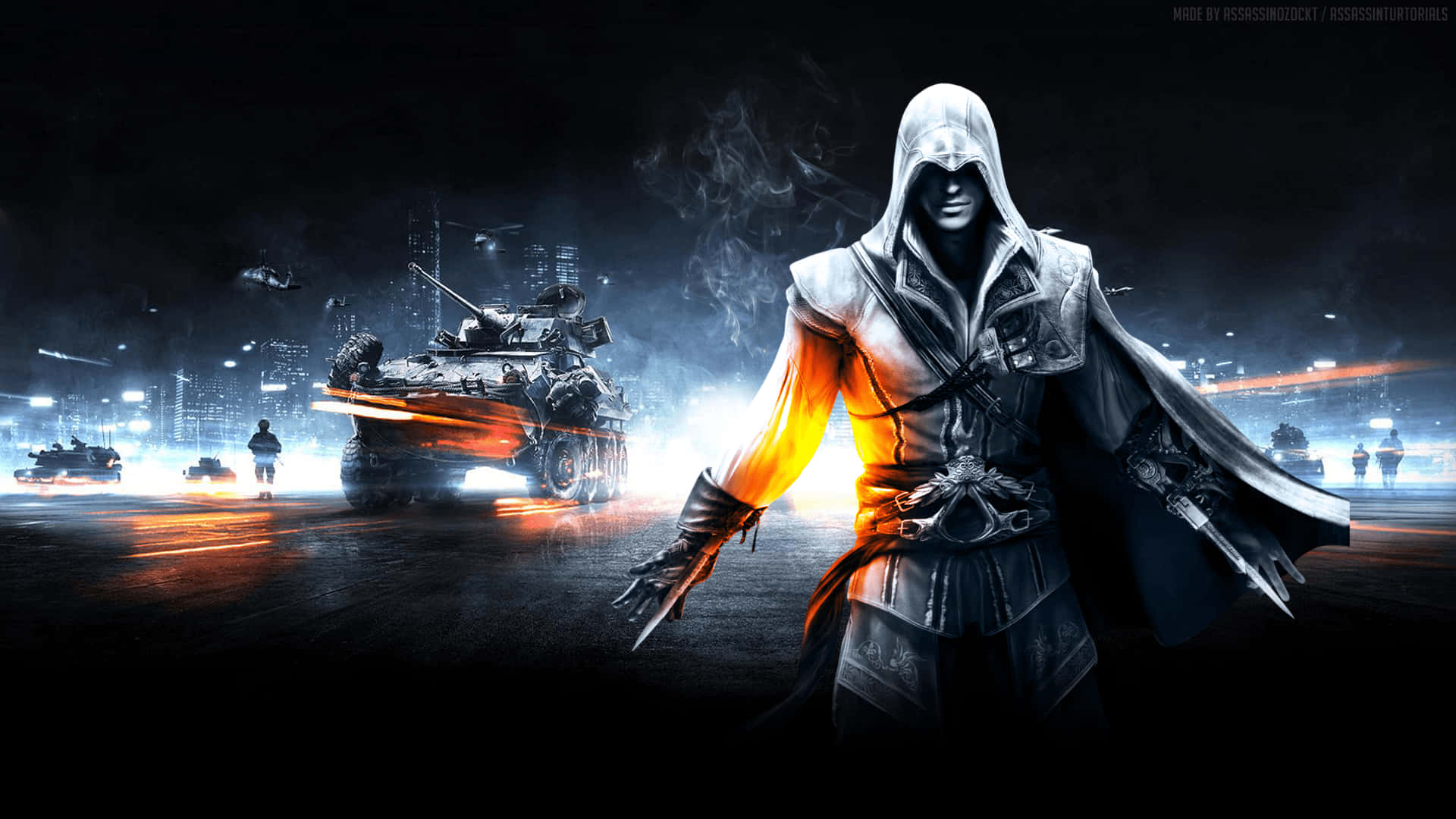 hooded assassin, dark futuristic city, armored vehicles, Full HD Desktop Wallpaper