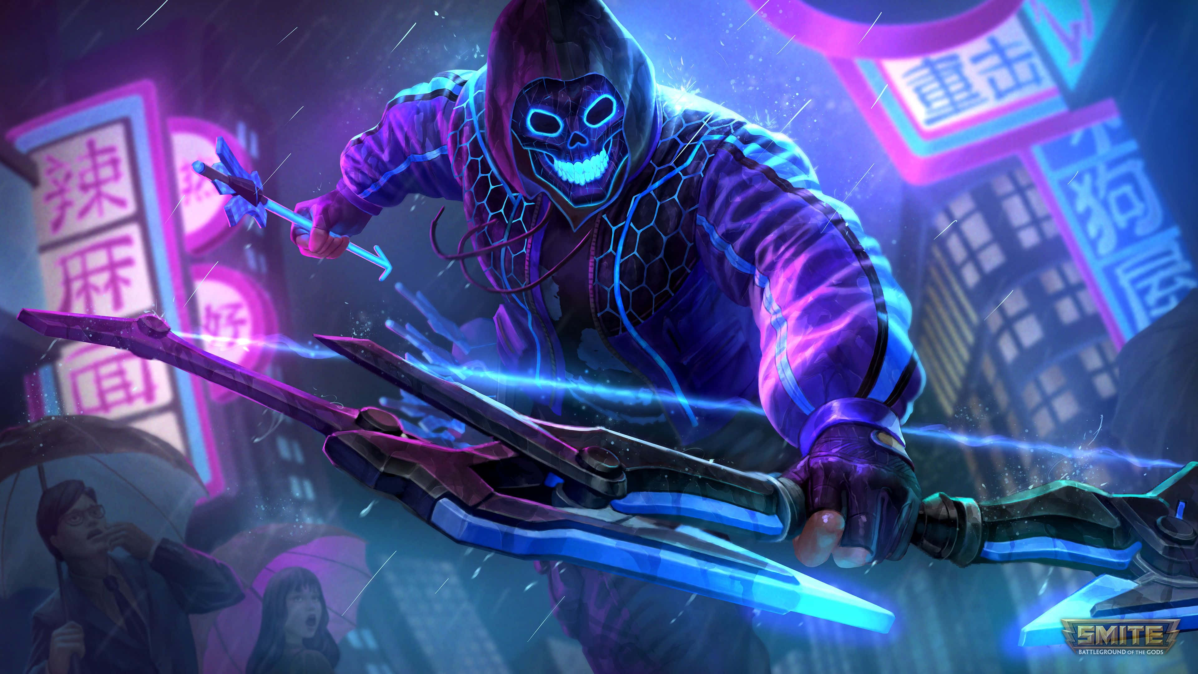 neon-skulled archer, hooded jacket, rainy cyberpunk cityscape, 4K Desktop Wallpaper
