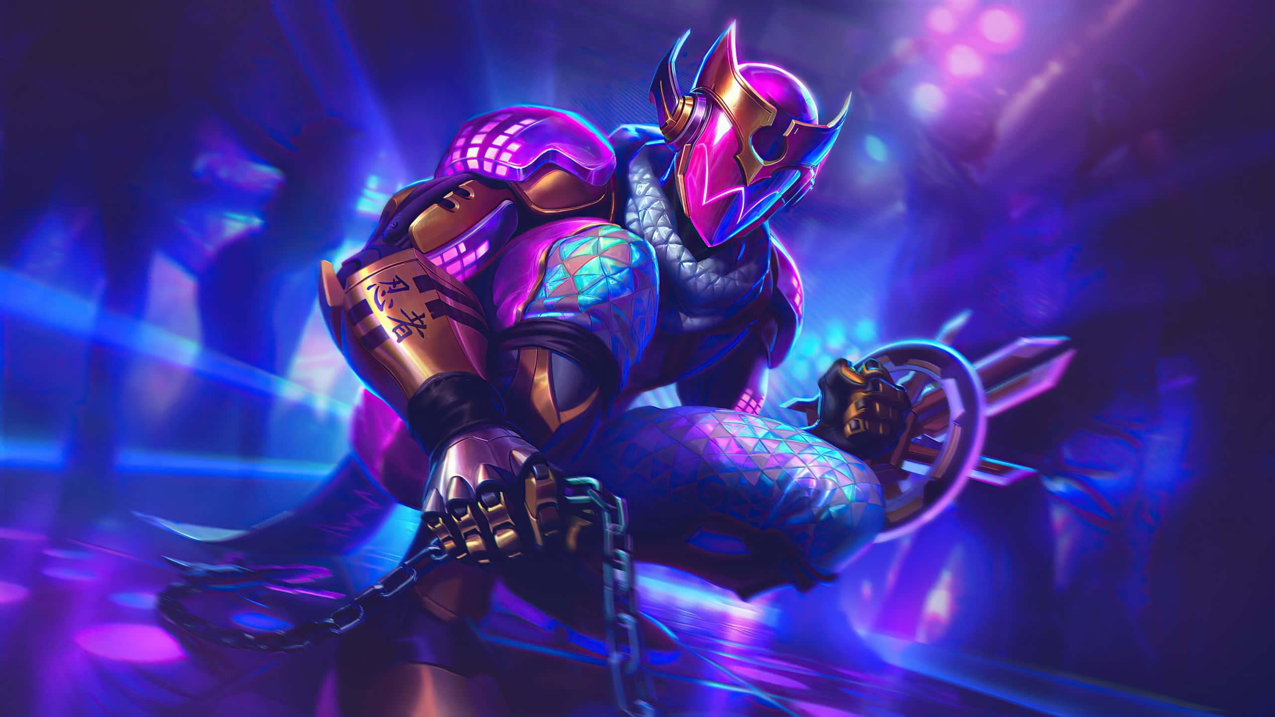 cyberpunk samurai warrior, glowing purple and gold armor, chained sword, 2K Desktop Wallpaper
