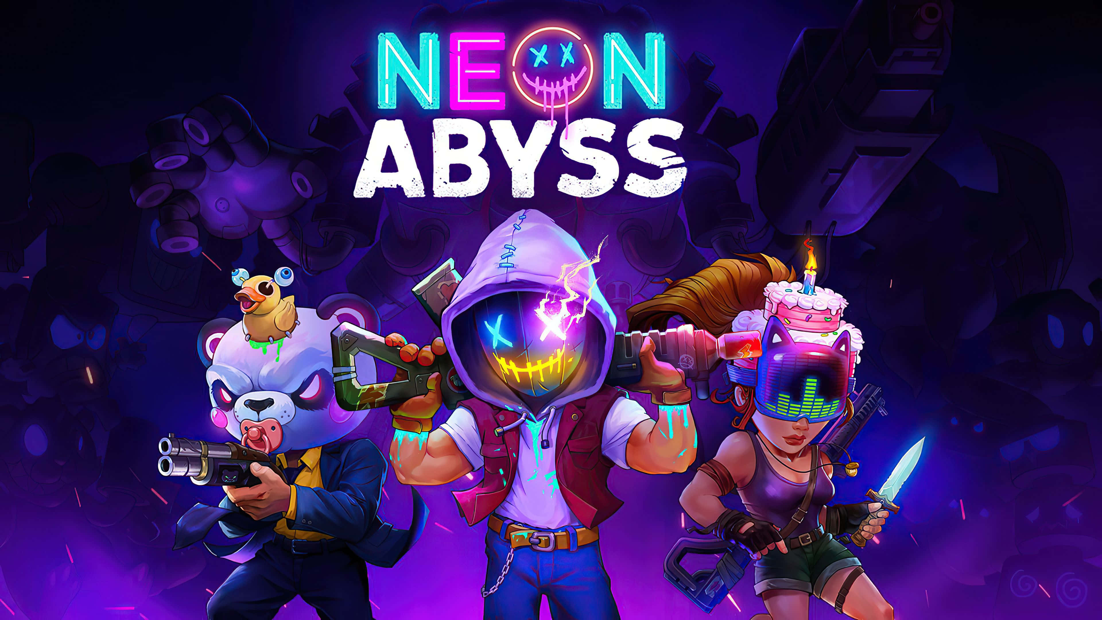 neon abyss, three neon-lit cartoon characters, glowing weapons, 4K Desktop Wallpaper