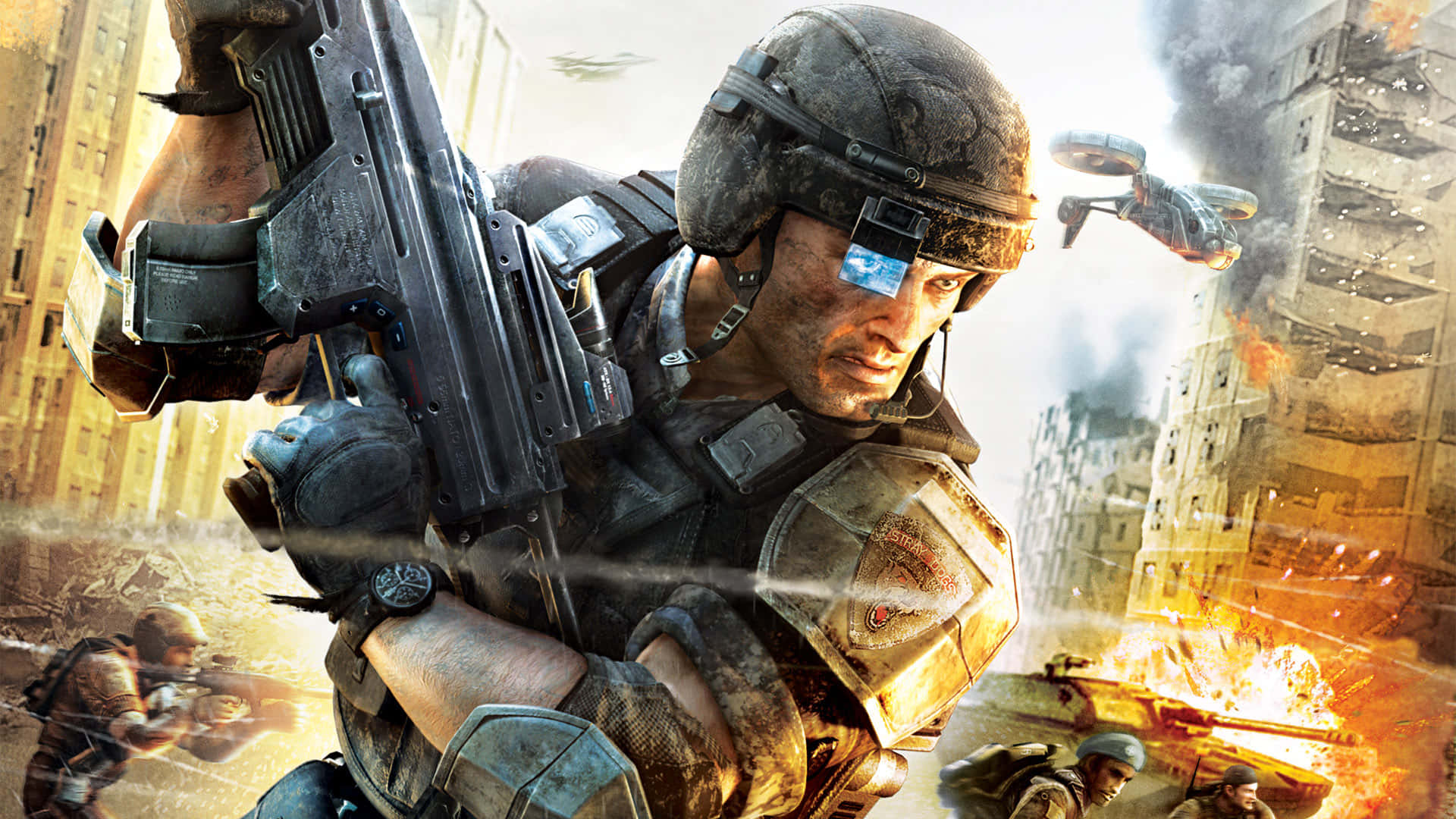 futuristic armor, heavy weapon, burning urban battlefield, Full HD Desktop Wallpaper