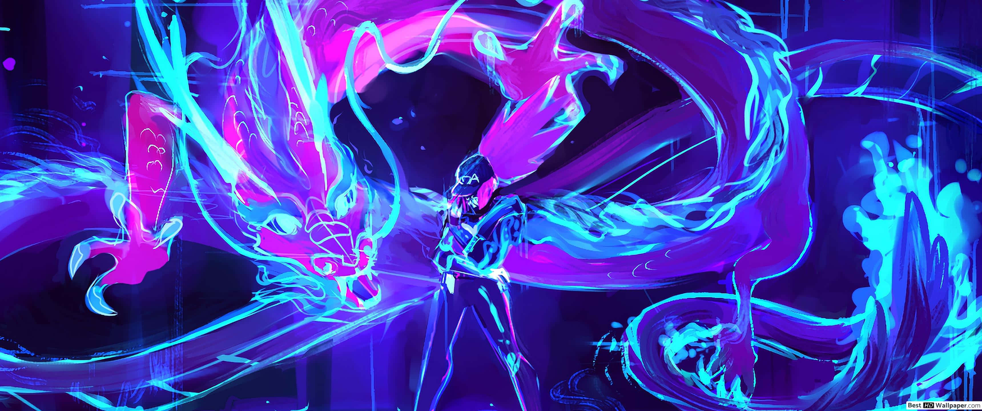 1920 x 1080 HD gaming, neon dragon, cyan and magenta hues, 2K Desktop Wallpaper