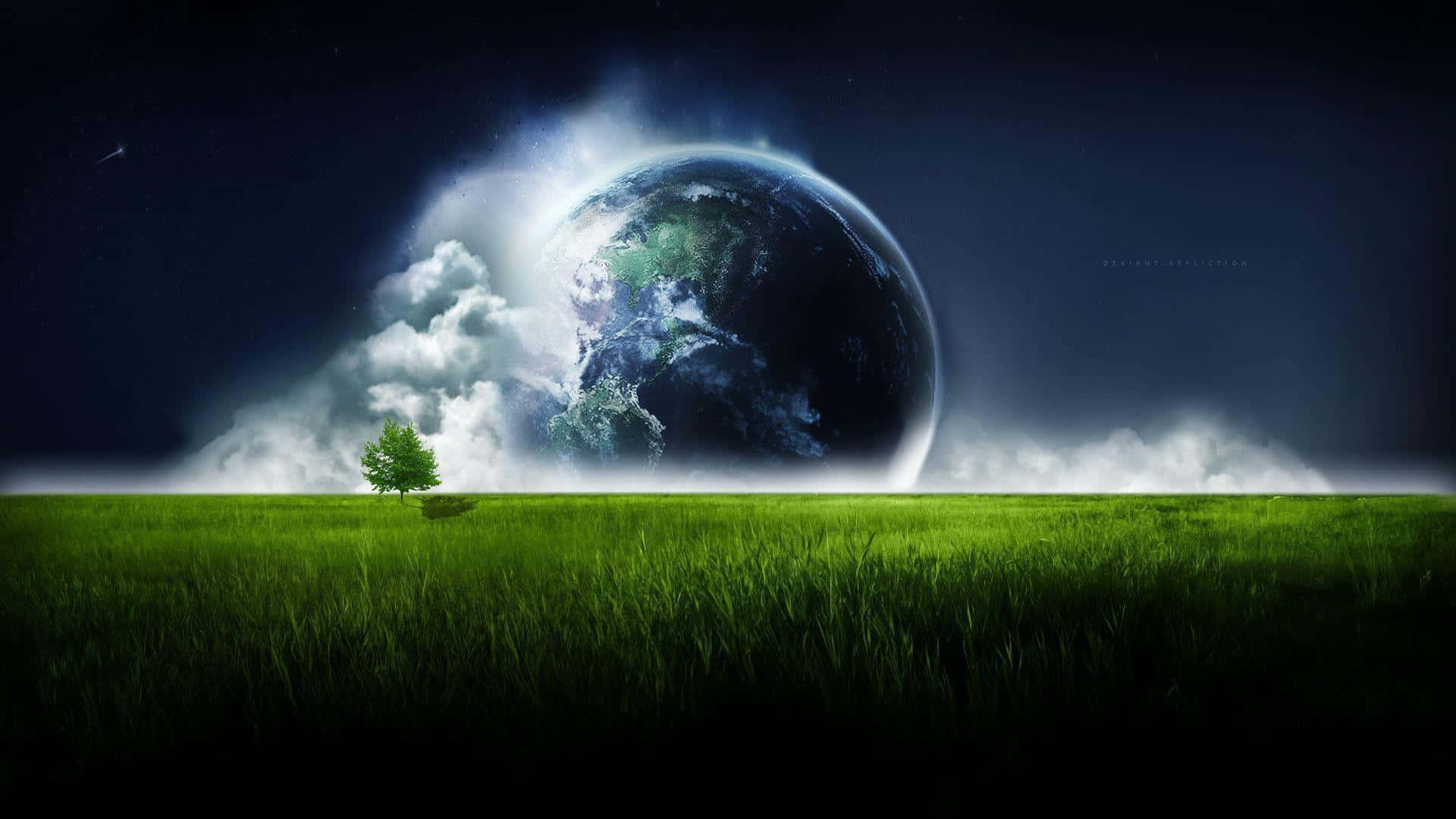 1920 x 1080 hd, vibrant green field, massive glowing Earth, Full HD Desktop Wallpaper