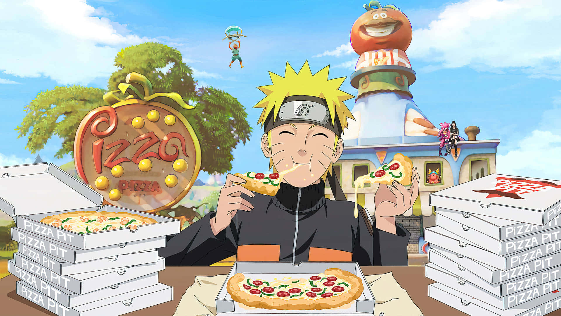 Naruto, pizza, stacks of boxes, Full HD Desktop Wallpaper