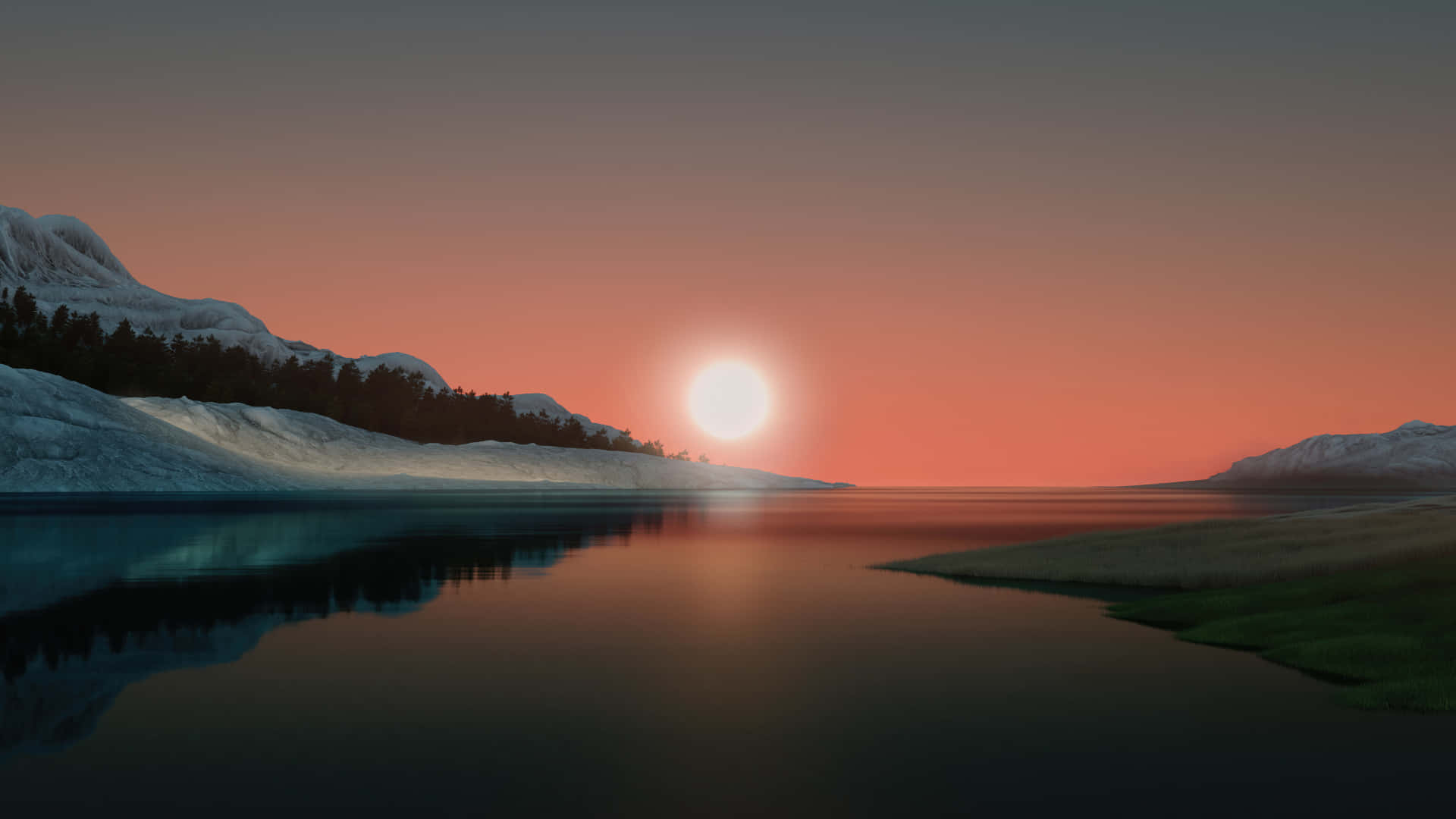 serene sunset, calm lake, snow-capped mountains, Full HD Desktop Wallpaper
