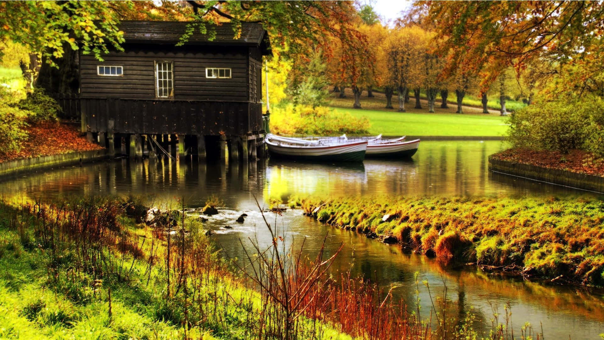 1920 x 1080 nature desktop, wooden boathouse, stilts, Full HD Desktop Wallpaper