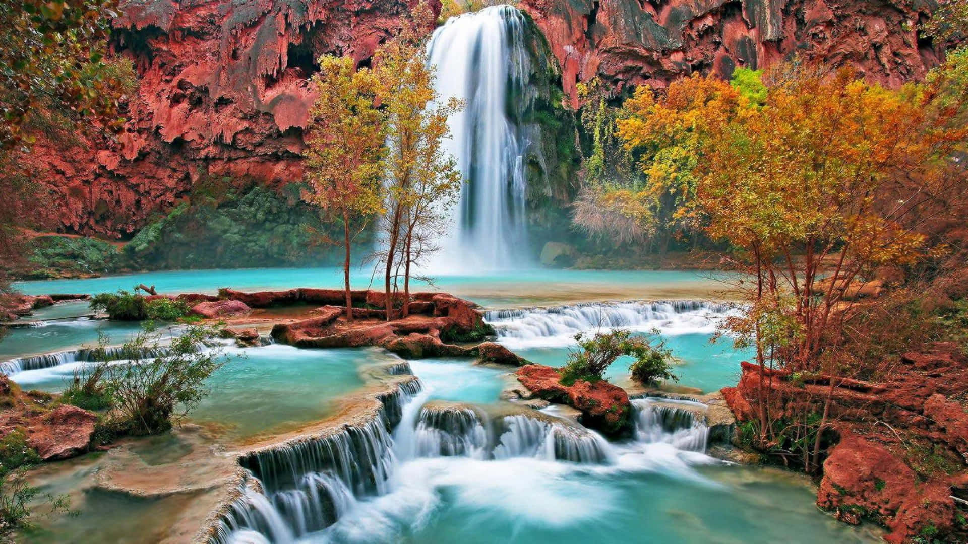 1920 x 1080 nature desktop, waterfall, red rock formations, Full HD Desktop Wallpaper