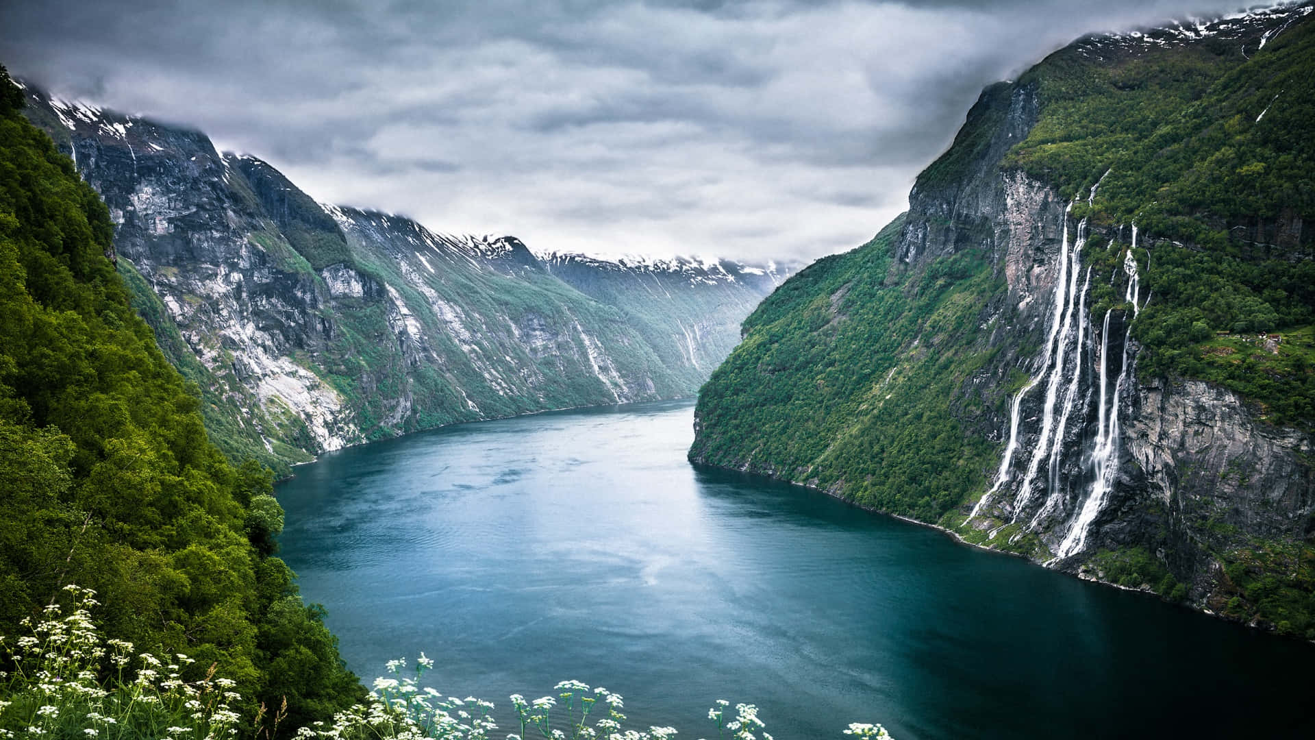 fjord, towering green mountains, snow-capped peaks, Full HD Desktop Wallpaper