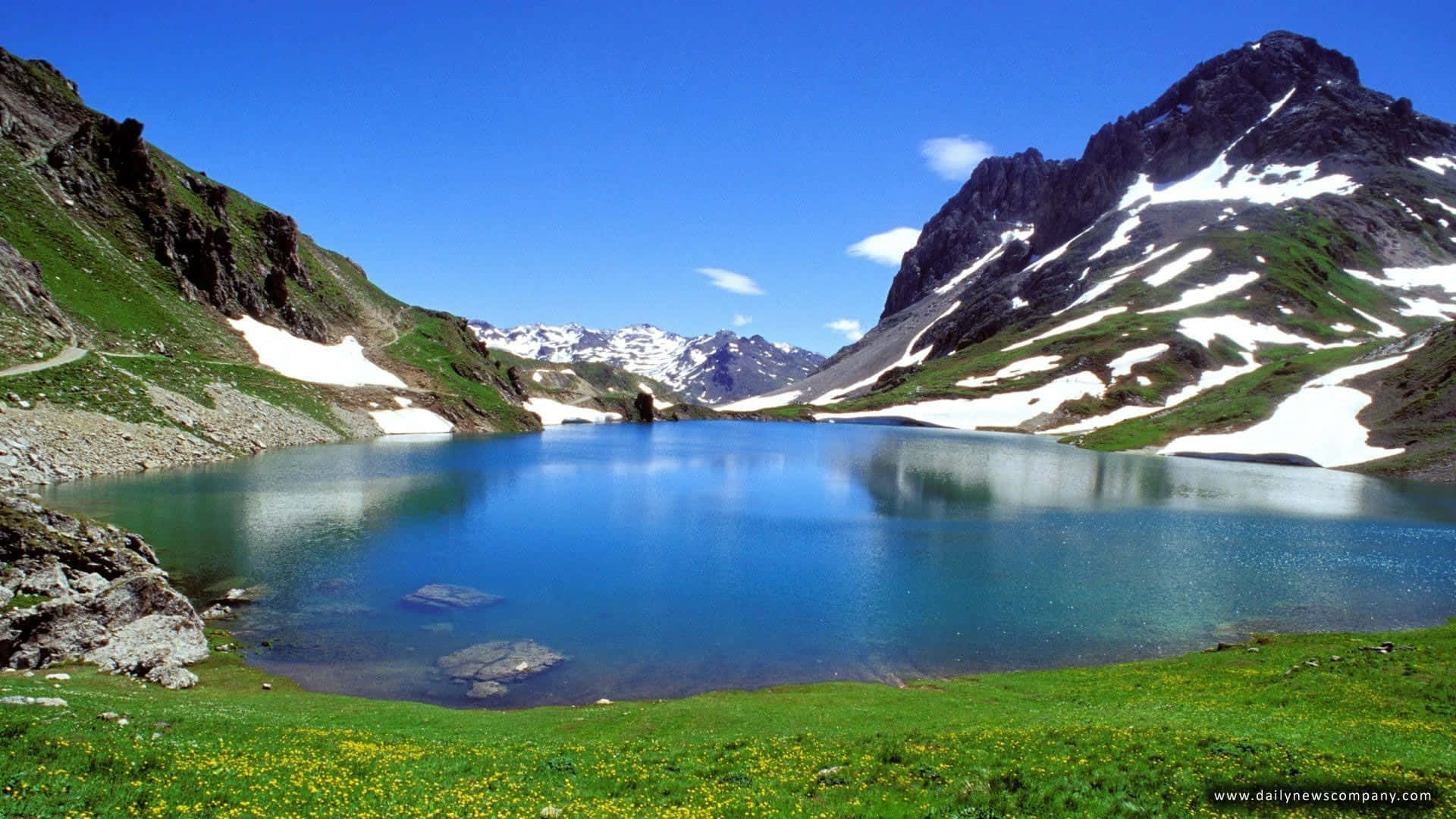 alpine lake, snow-dusted peaks, clear blue sky, Full HD Desktop Wallpaper