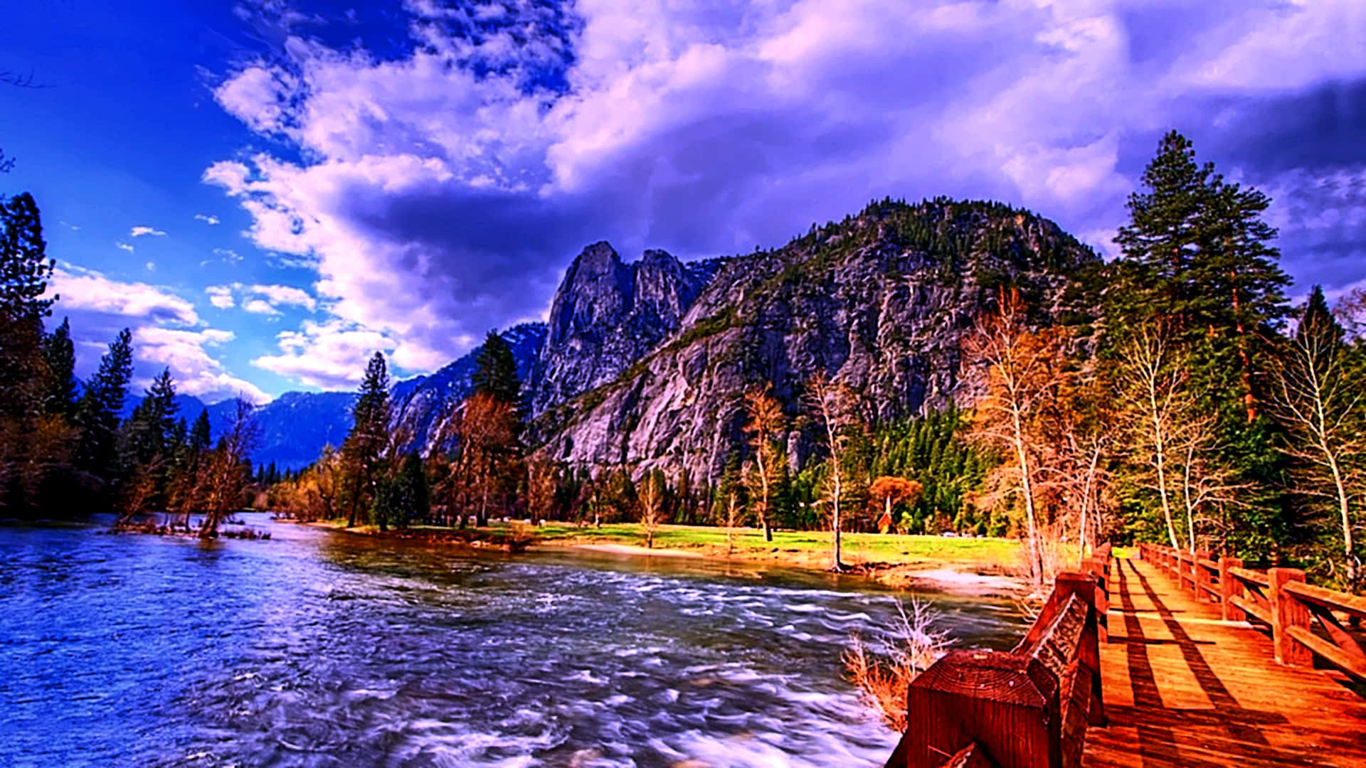 wooden bridge, rushing river, purple and blue sky, Full HD Desktop Wallpaper
