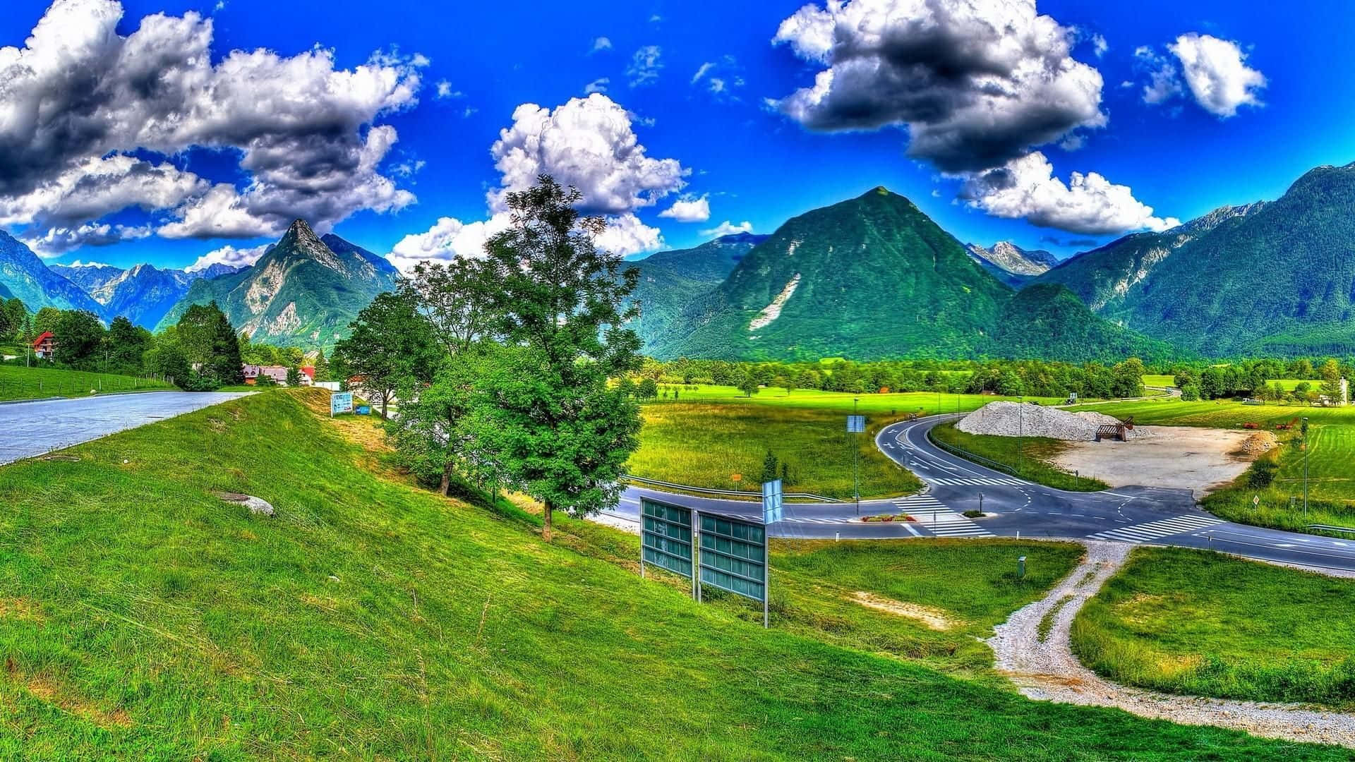 1920 x 1080 nature desktop, mountain road, green field, Full HD Desktop Wallpaper