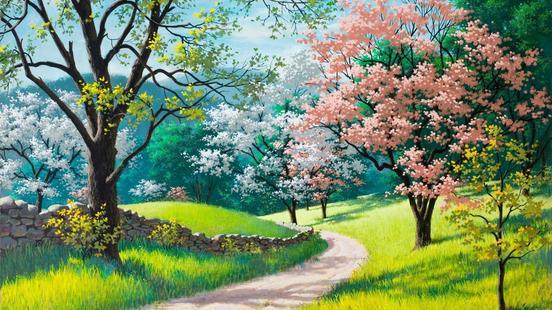 winding path, vibrant spring meadow, cherry blossom trees in full bloom, Full HD Desktop Wallpaper