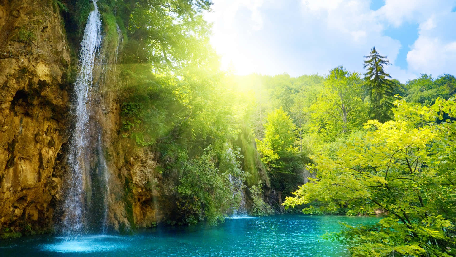 1920 x 1080 nature desktop, vibrant green trees, cascading waterfall, Full HD Desktop Wallpaper