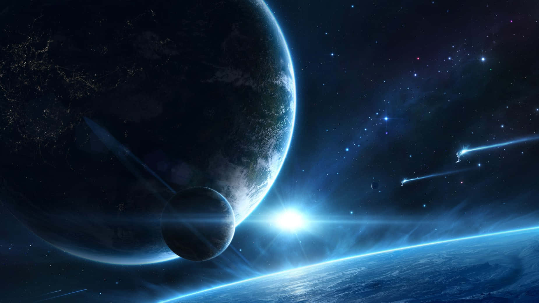 Vibrant Purple Nebula, glowing blue planet, moon, HD Desktop Wallpaper