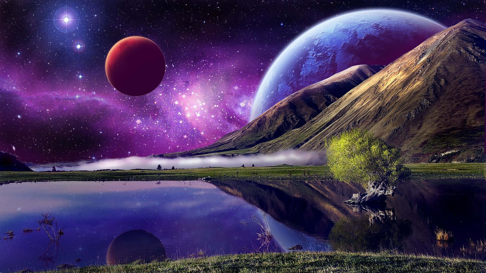 1920 X 1080 Nebula, purple nebulae, two planets, Full HD Desktop Wallpaper