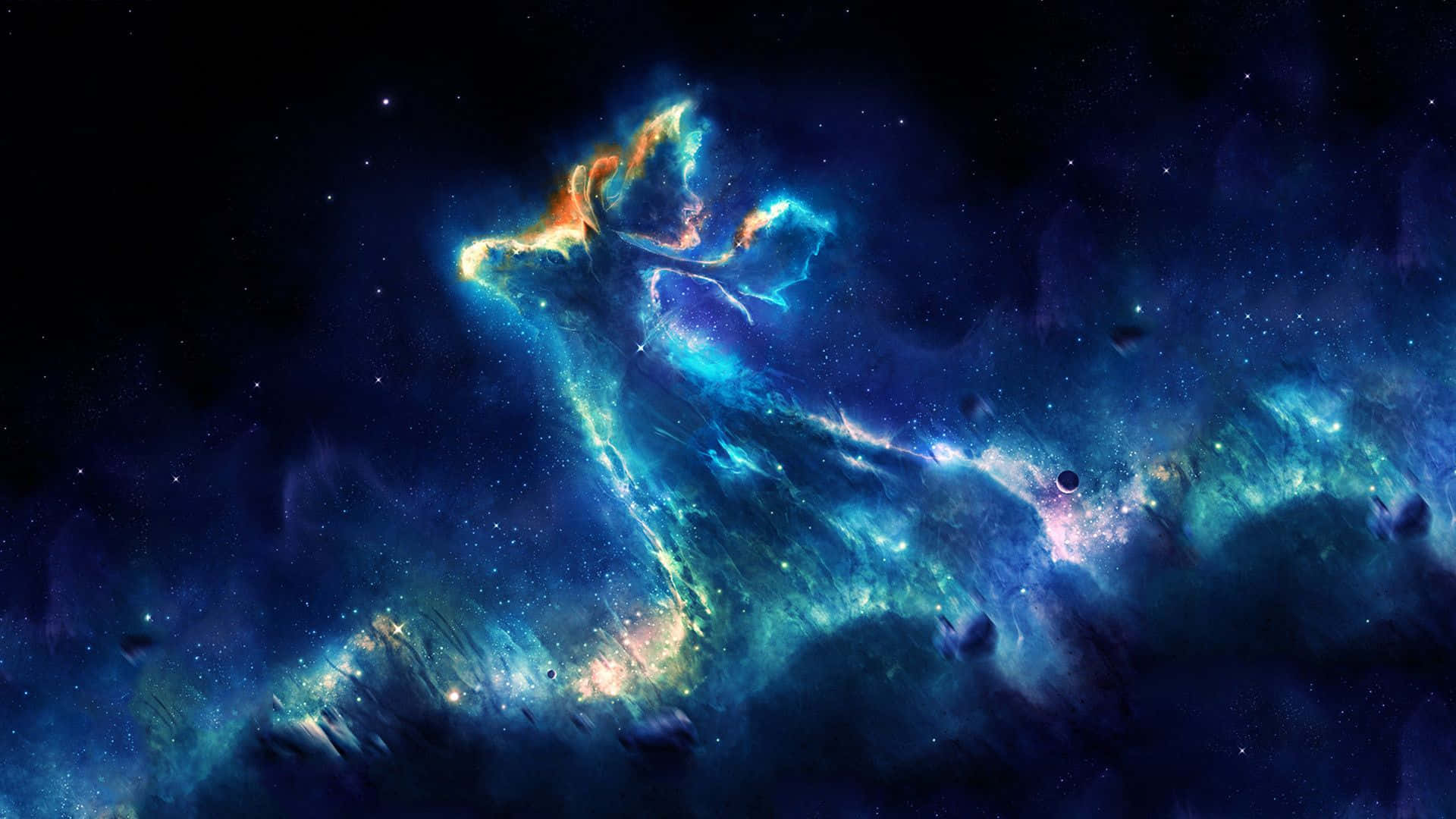 nebula, majestic deer, glowing blue and orange hues, Full HD Desktop Wallpaper